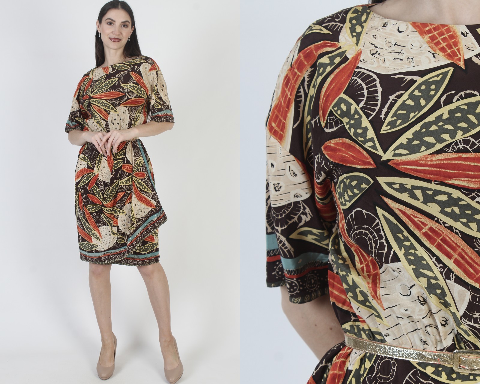 Vtg Bill Blass Silk Dress Tropical Sarong Designer Knee Length Cocktail Party