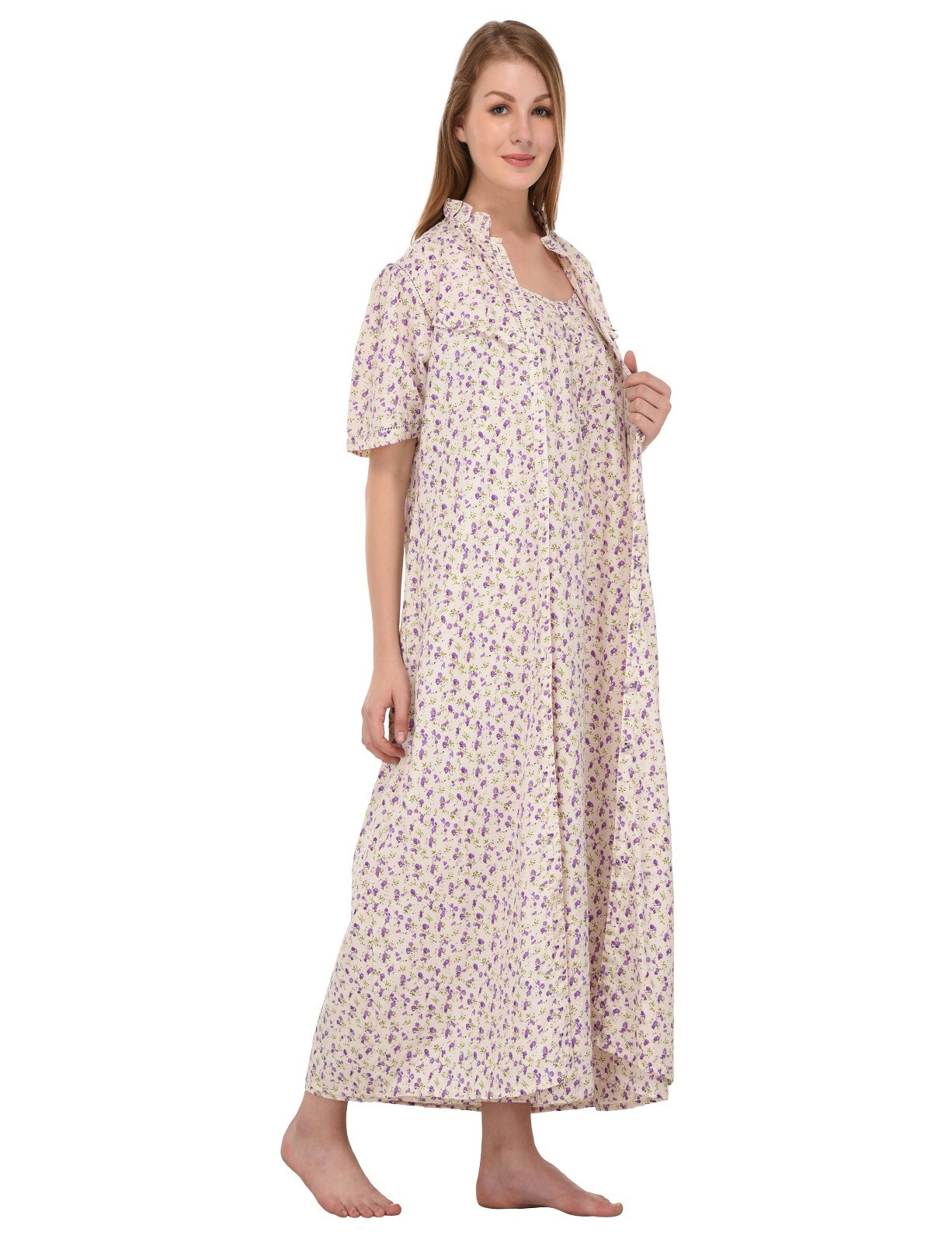 Wrinkle-Resistant Printed Nightdress/Housecoat Set | Cotton Lane