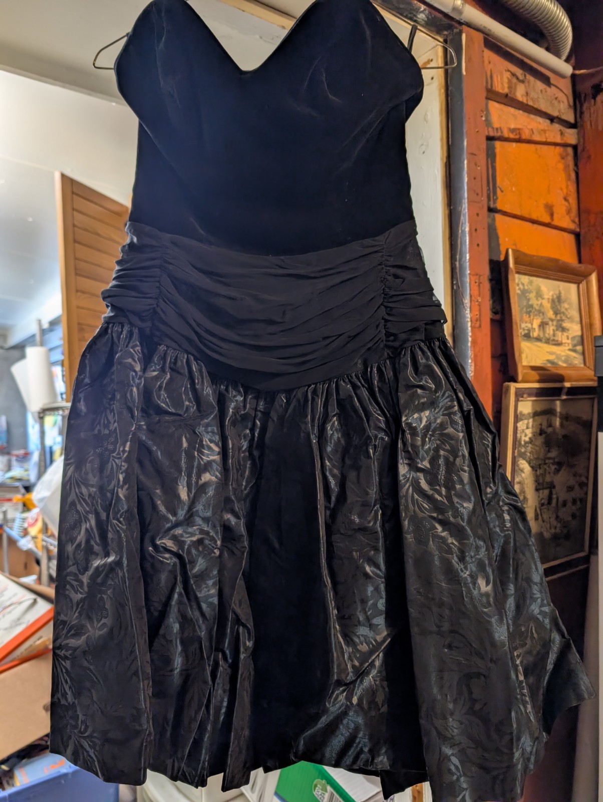 Vintage « Laura Ashley » Prom Dress, Velvet Strapless, Dark Teal Pattenes Taffeta