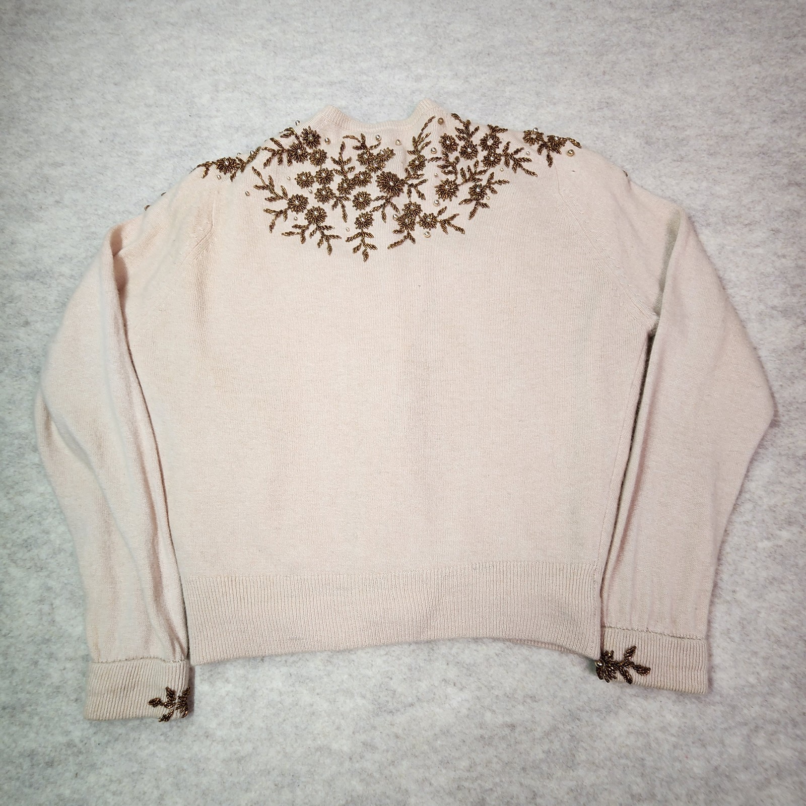 Vintage Floral Beaded Cashmere Cardigan Lined Pearlized Buttons Size 38 Gorgeous