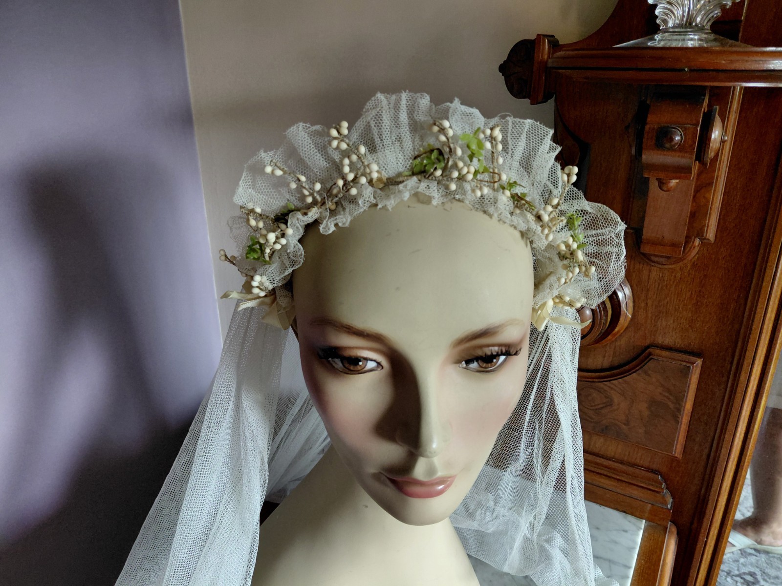 Antique Vintage 1920&rsquo;s Wedding Bridal Veil Wax Orange Blossom Buds Peach Ribbons