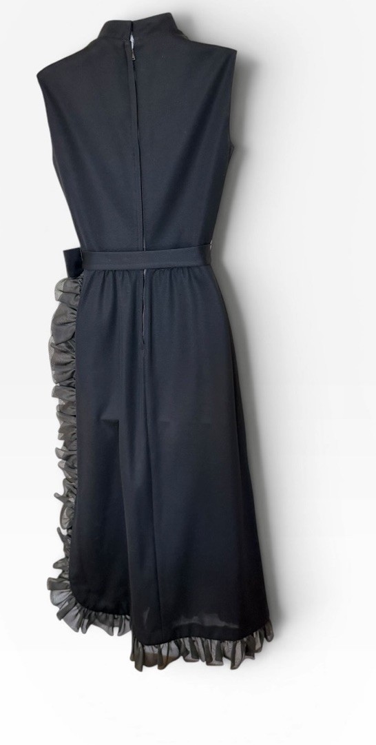 Vtg 70s Nadine Ruffle Rhinestone Bow Maxi Dress XS Black Sleeveless Belt Dressy