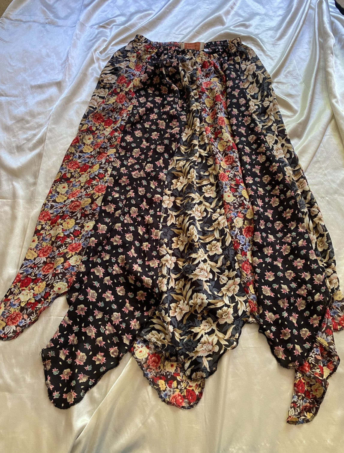 Vintage 1990s Floral Paneled Handkerchief Asymmetrical Maxi Boho Skirt Sheer M
