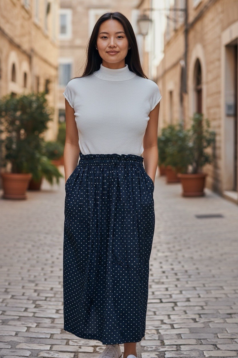 Vtg Robe de Chambre COMME des GARCONS Navy Polka Dot Midi Skirt Gathered Japan