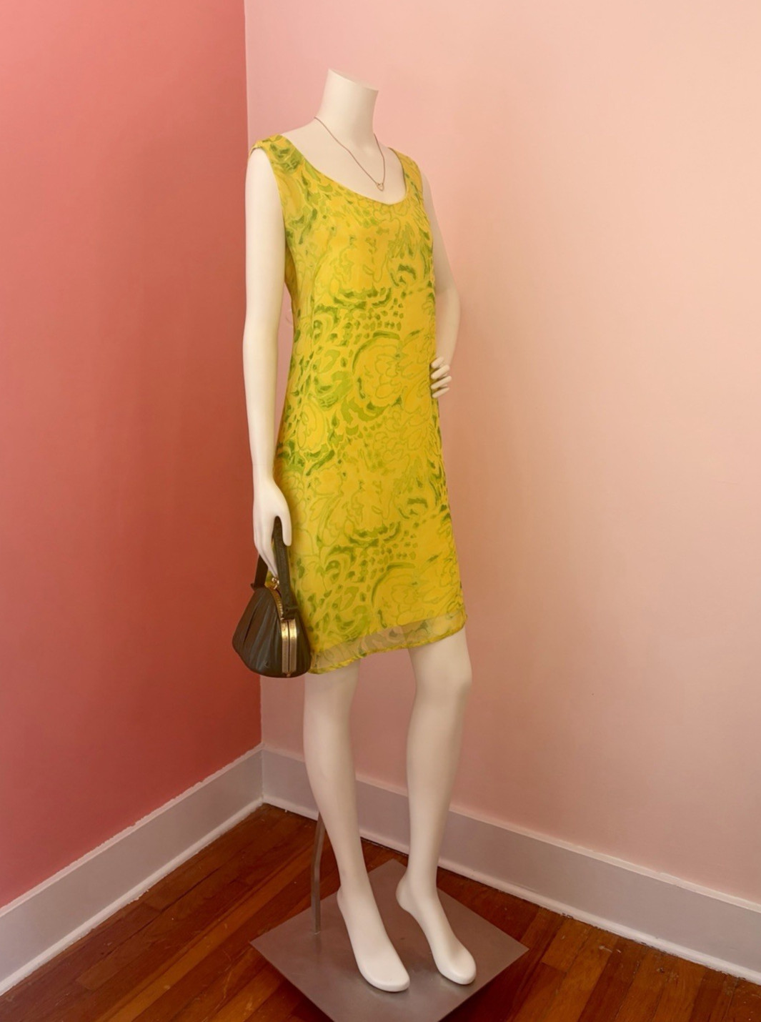 VTG 60s Mod Shift Dress abstract Yellow Green Floral Print chiffon A-Line S/M