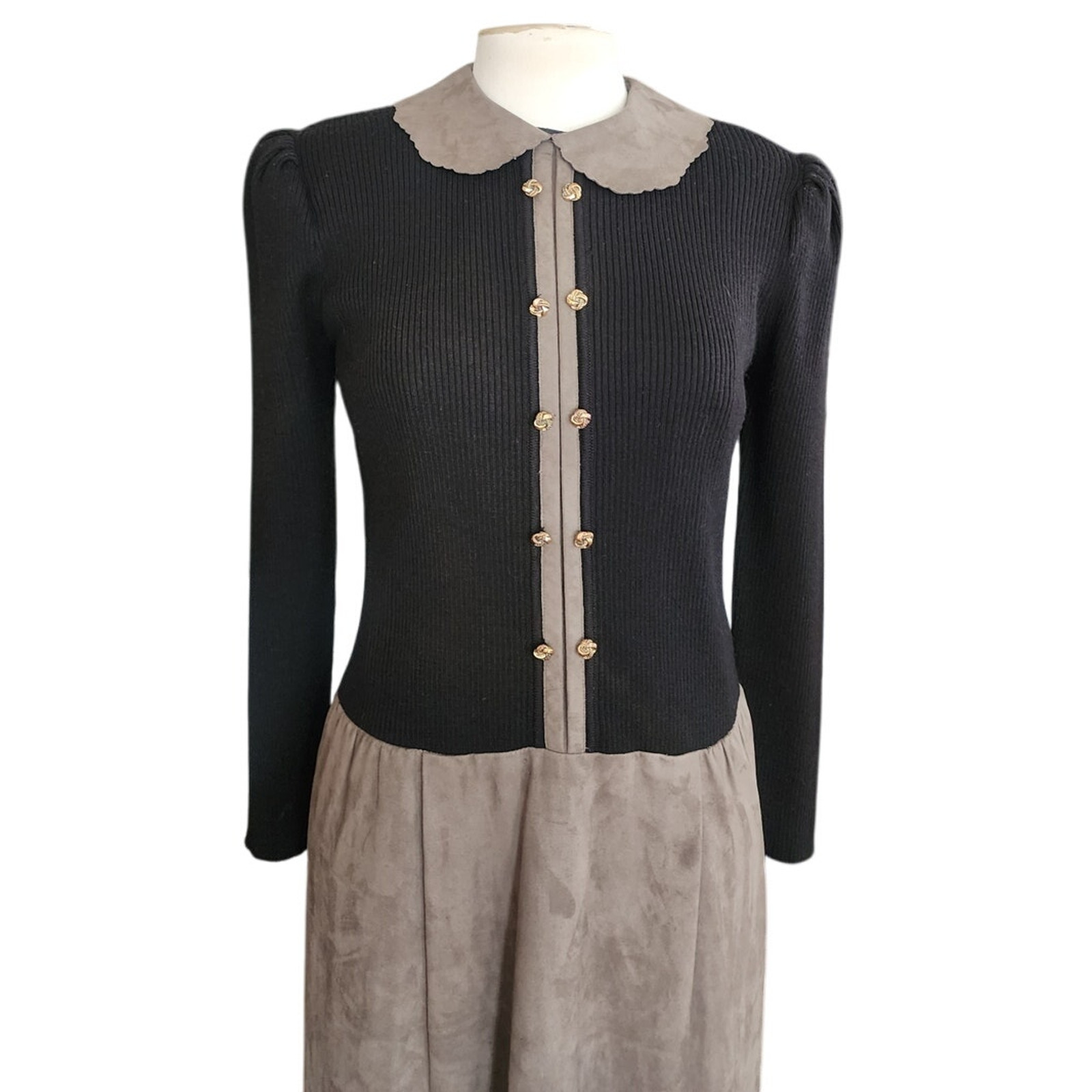 Vintage 80s CIAO Dress Drop Waist Black Knit Gray Faux Suede / M