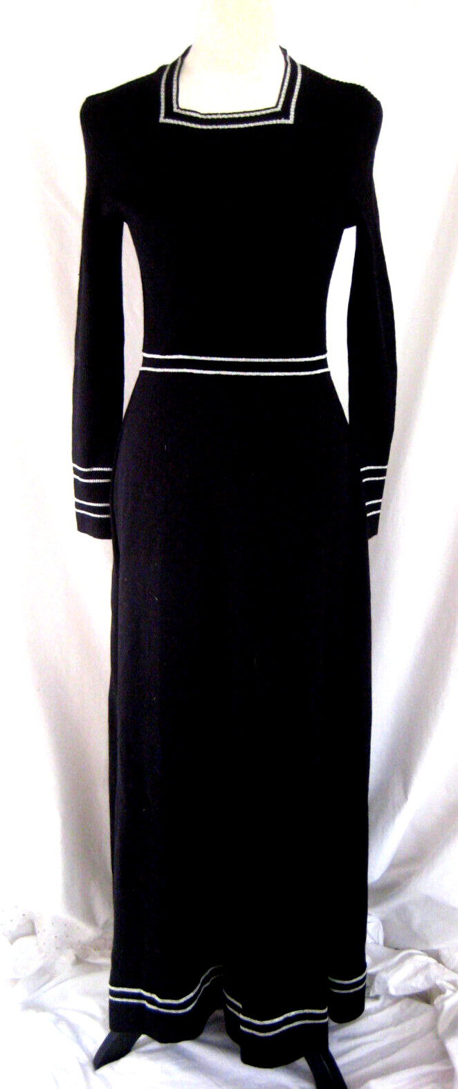 Vtg 70s Roncelli Black Knit Maxi Dress Ribbed Bodice Silver Size 11 Hong Kong