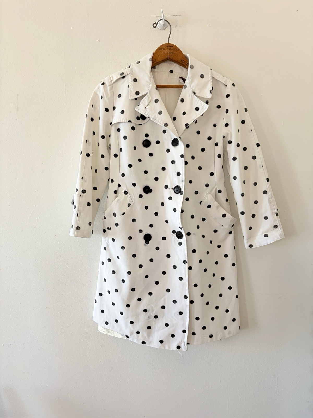 1960s Polka Dot Print Faille Trench Coat Double Breasted Jacket Jackie O 50s