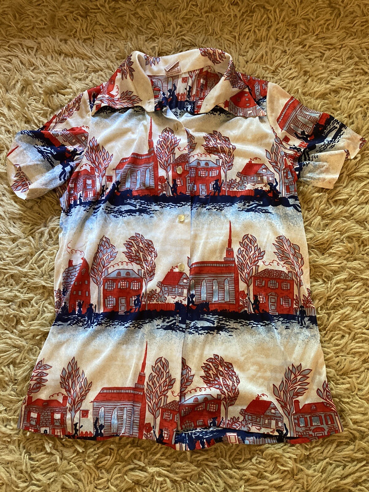 Vintage Graff California Wear Polyester Button Up Blouse Red Blue Houses Sm/Med