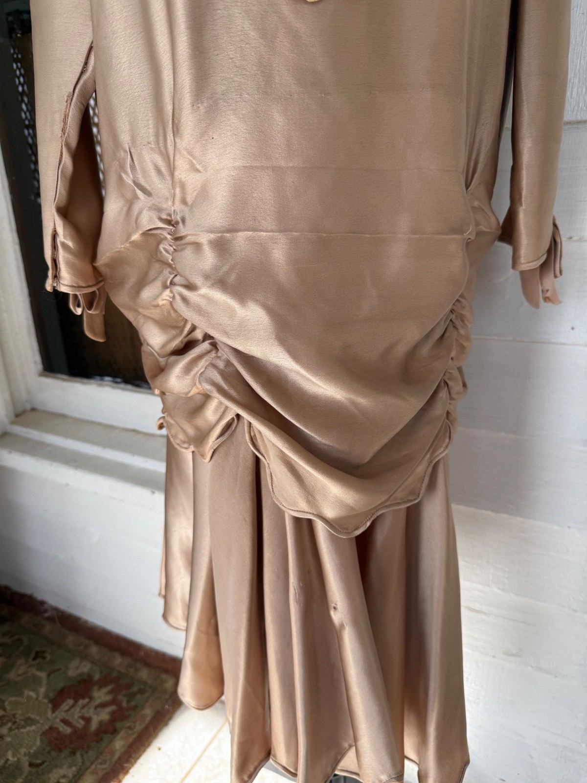 Antique 1920s Tan Silk Flapper Dress With Lace Yoke AS IS TLC Size M