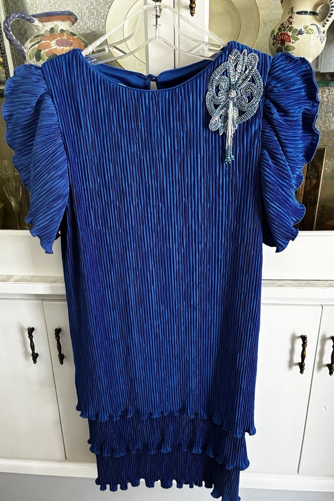Vintage 80s Patra Blue Formal Crinkled Pleated Beaded Formal Cocktail Dress 8/10