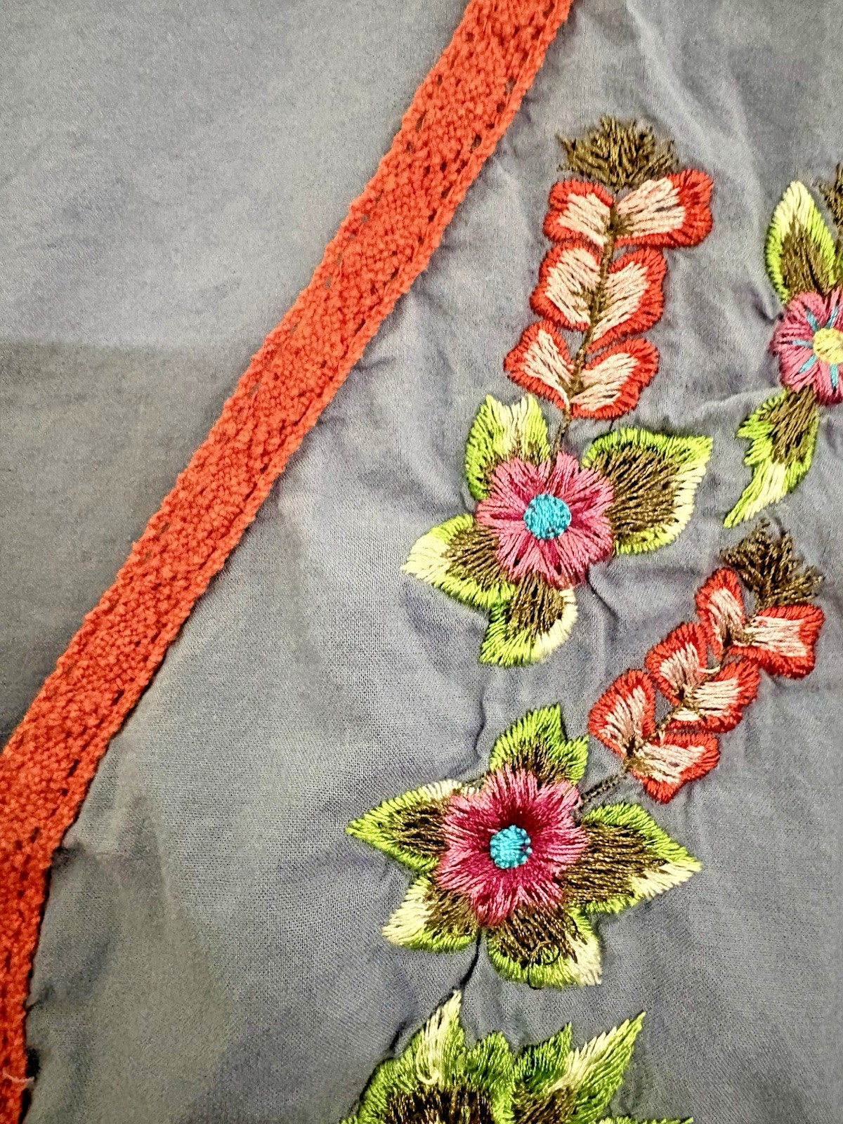 Boho VTG Old Navy Embroidered Flowers Blue Dress w/ Orange Trim Cotton MED