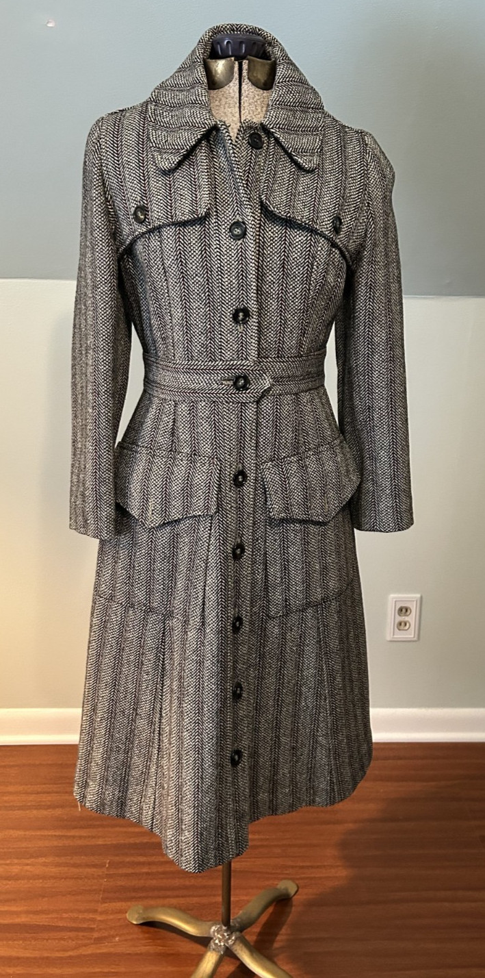 Vintage 1940 Hand-Tailored Herringbone Wool Princess Coat Long Fitted Gorgeous S