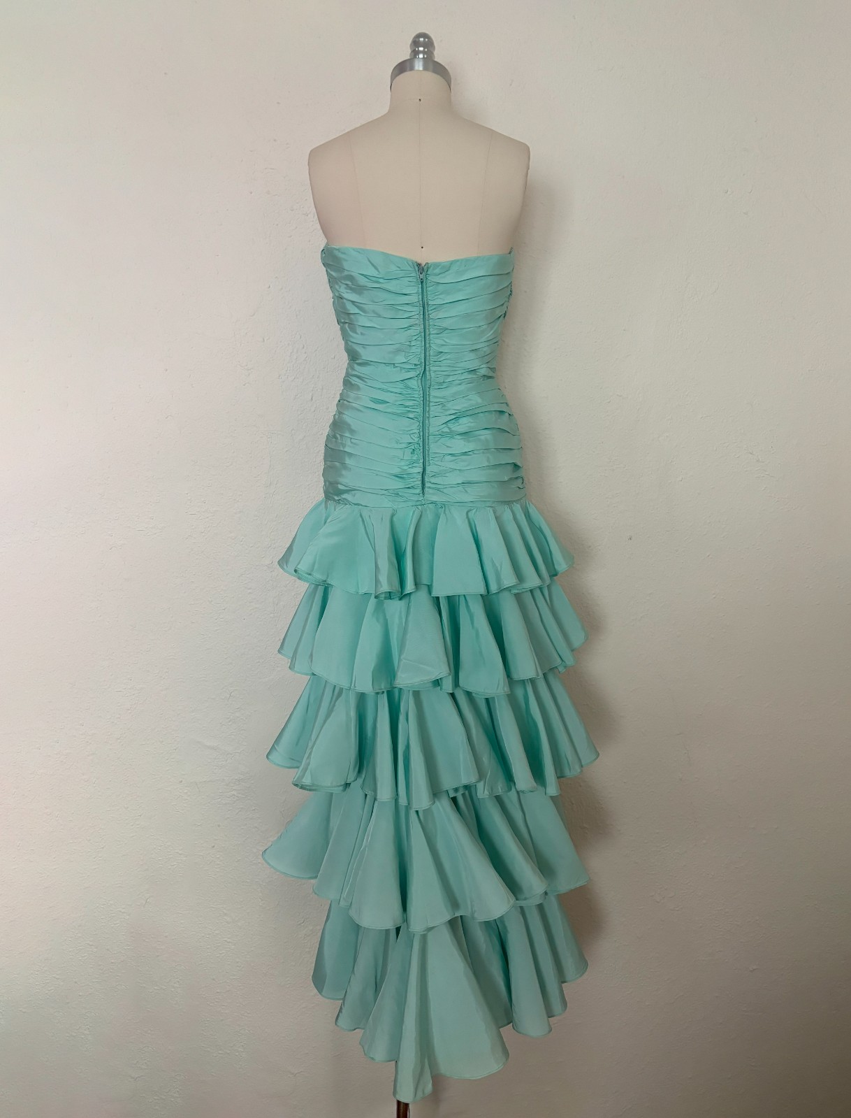 1980s Aqua Ruffled Strapless Evening Dress by Lillie Rubin, Small to Medium