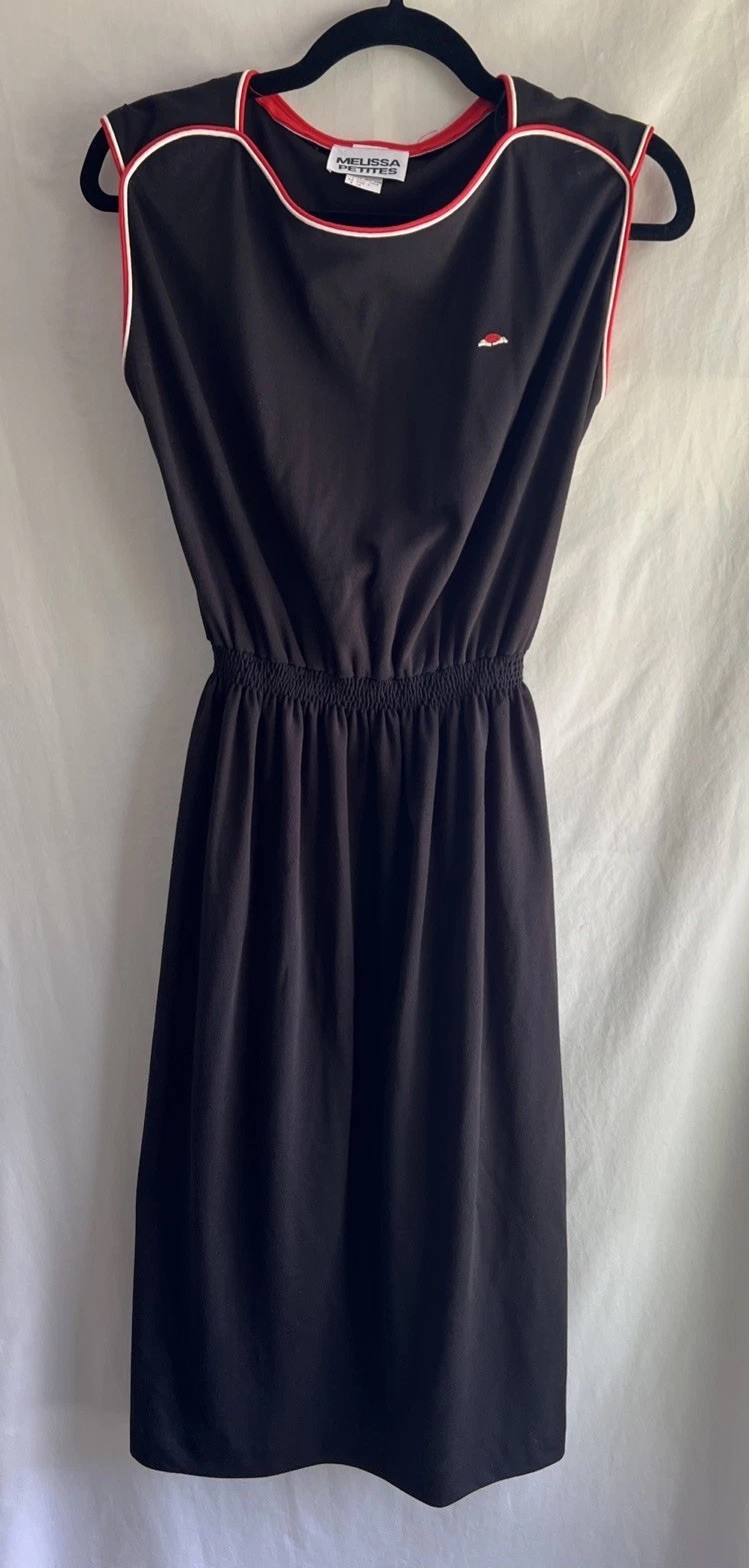 1980s Melissa Petites Black Athletic Style Midi Dress Red & White Piping Size 10