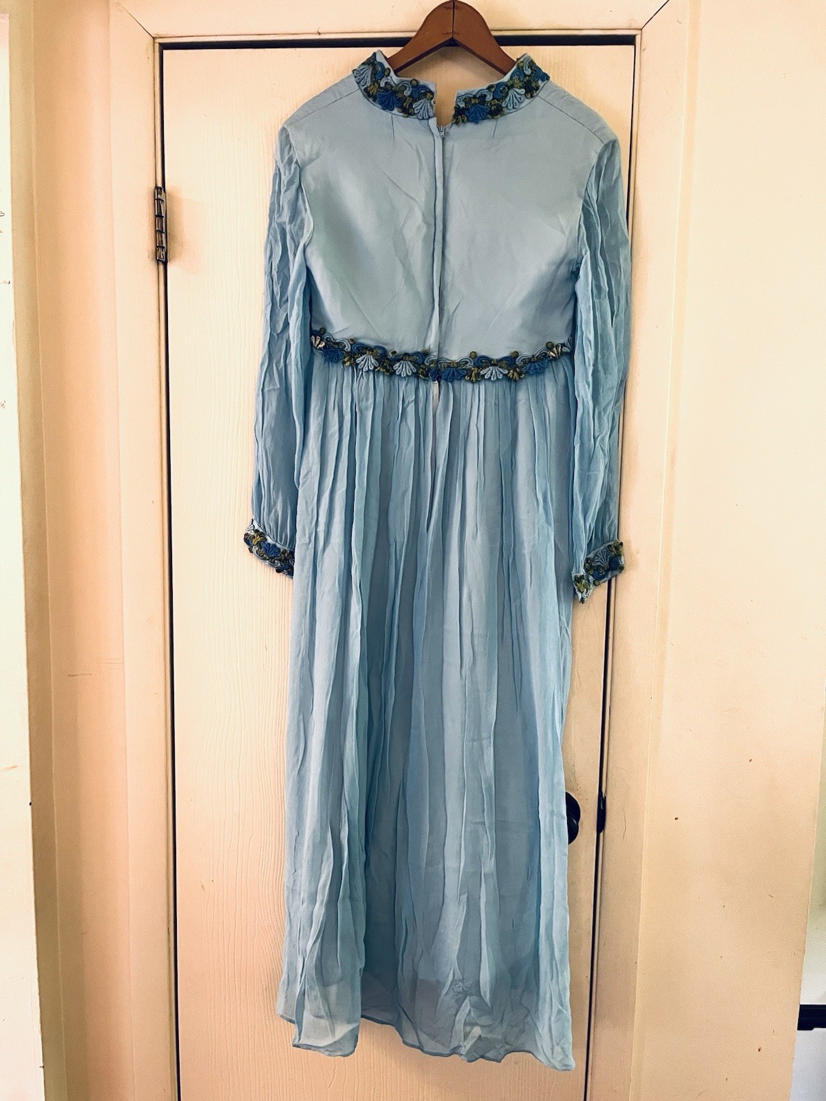 VTG 60s Prom Renaissance Embroidered Hippie Silk Chiffon Babydoll Maxi Dress