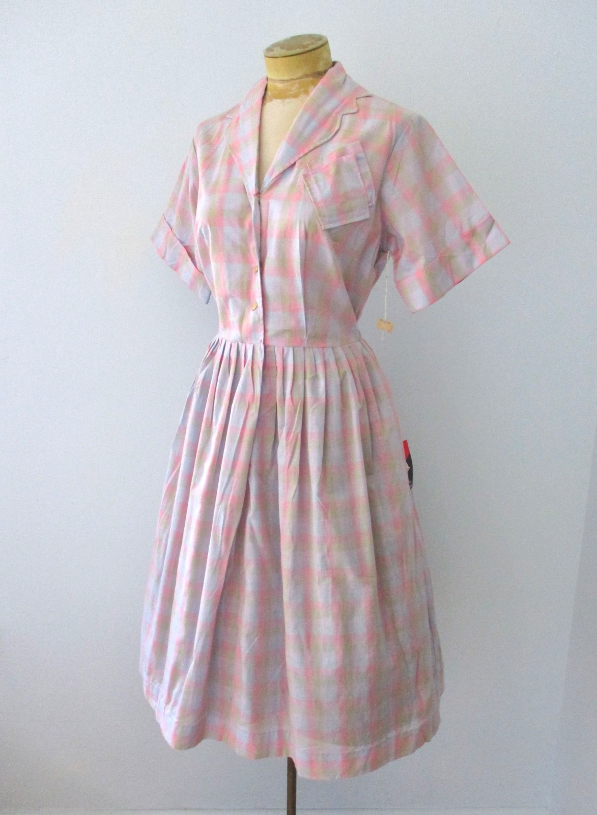 NOS w/Tag Vtg 50s Rockabilly Pink Shadow Plaid Shirtwaist Dress Sawtooth Trim 16