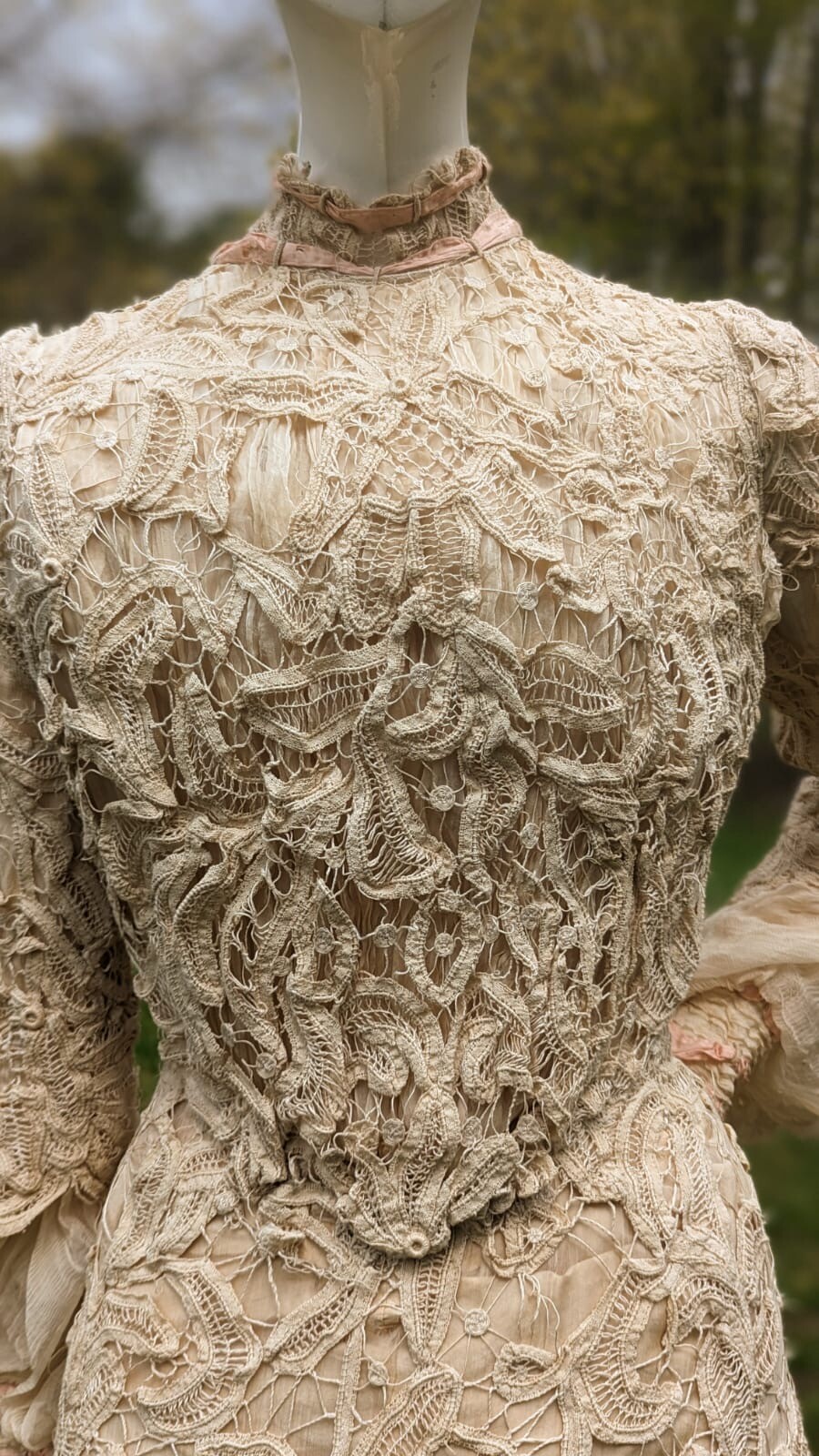VICTORIAN HAND MADE BATTENBURG LACE DRESS W BELL SLEEVES + TRAIN