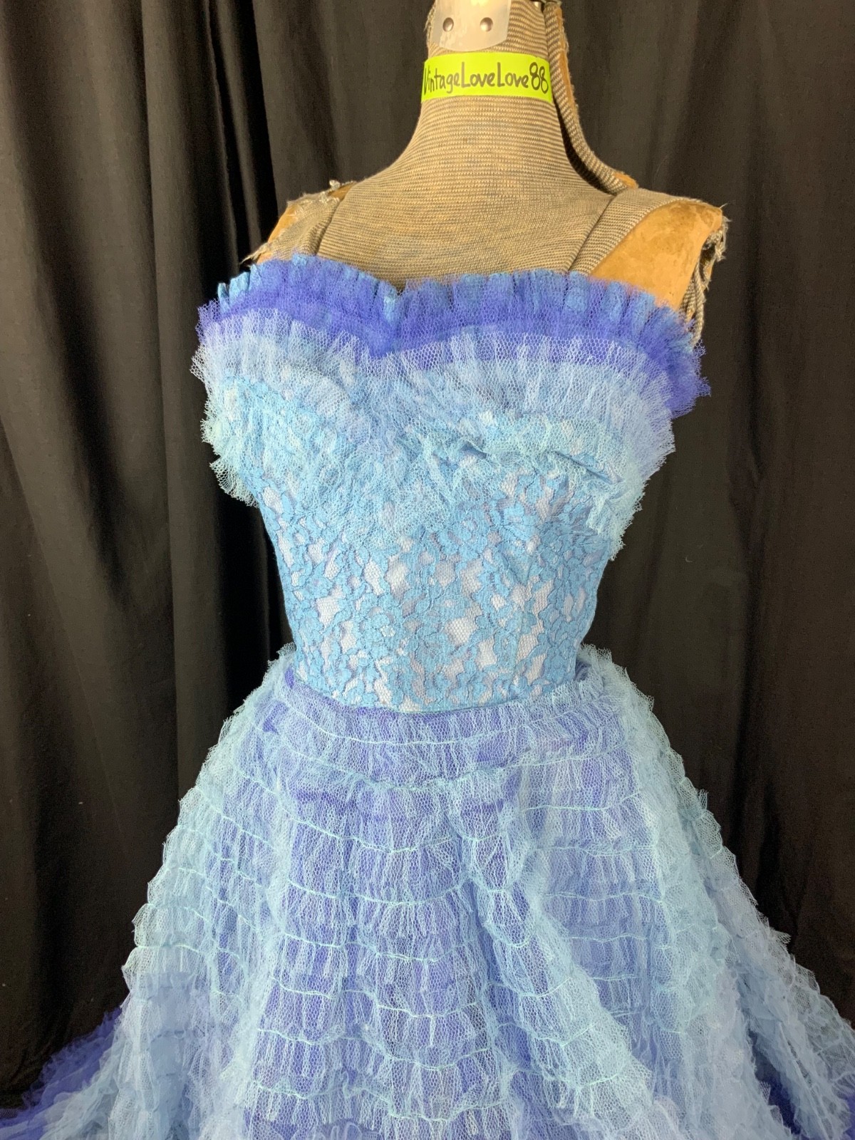 Vtg 50s Ombré Blue Ruffle Lace Strapless Party Ball Gown Dress-Bust 30/2XS