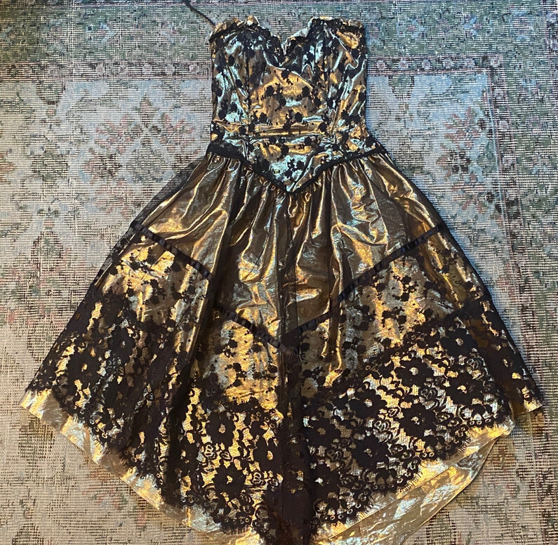 VTG New Leaf by Samir XS 0 2 Gold Black Metallic Party lace Dress Strapless