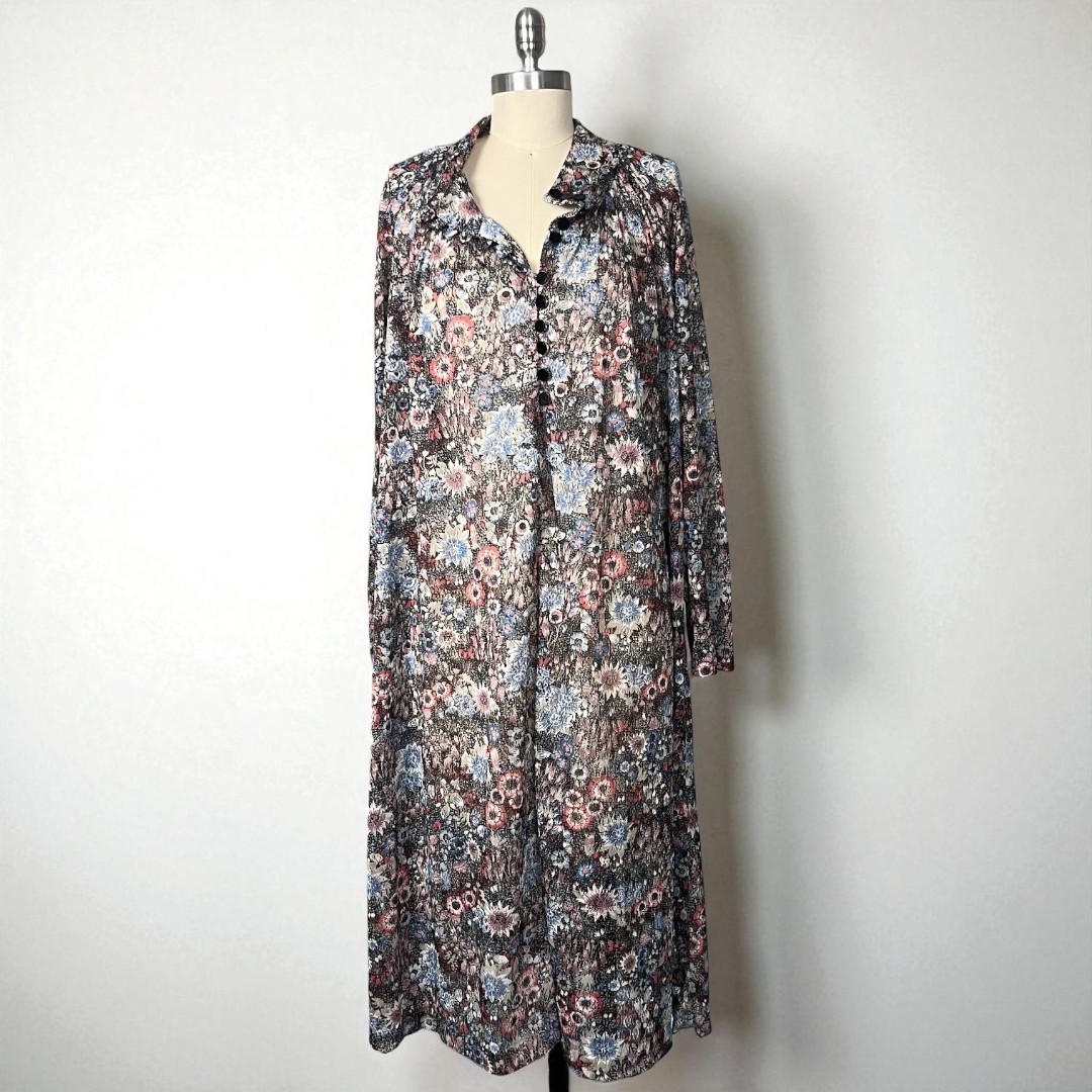 Vintage 70s Boho Long Sleeve Multicolor Floral Print Mesh Midi Dress S/M