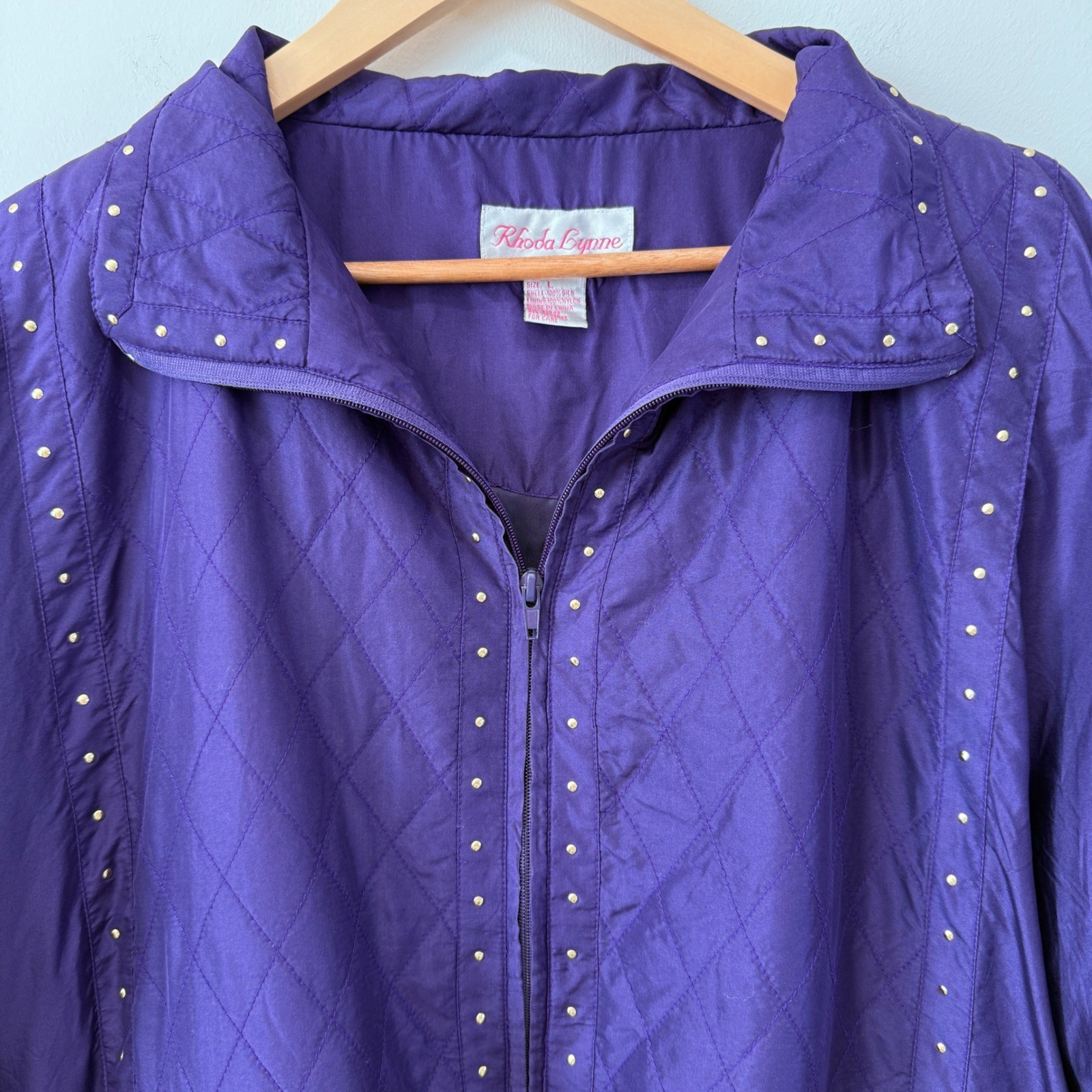 VTG Purple Silk Quilted Studded Windbreaker Bomber Track Jacket Sz L Pockets 80s