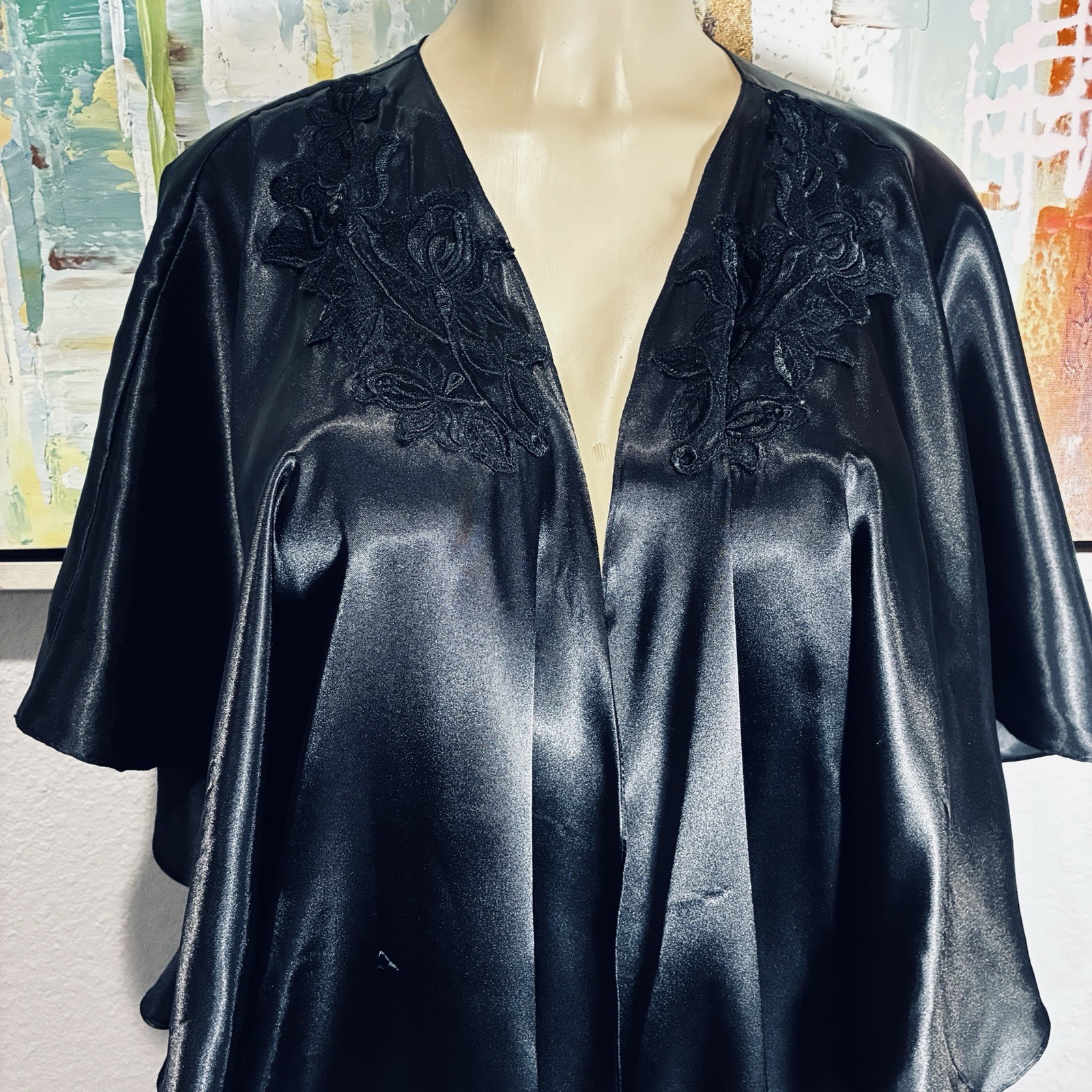 Vintage Black Satin Batwing Cape Jacket Robe M