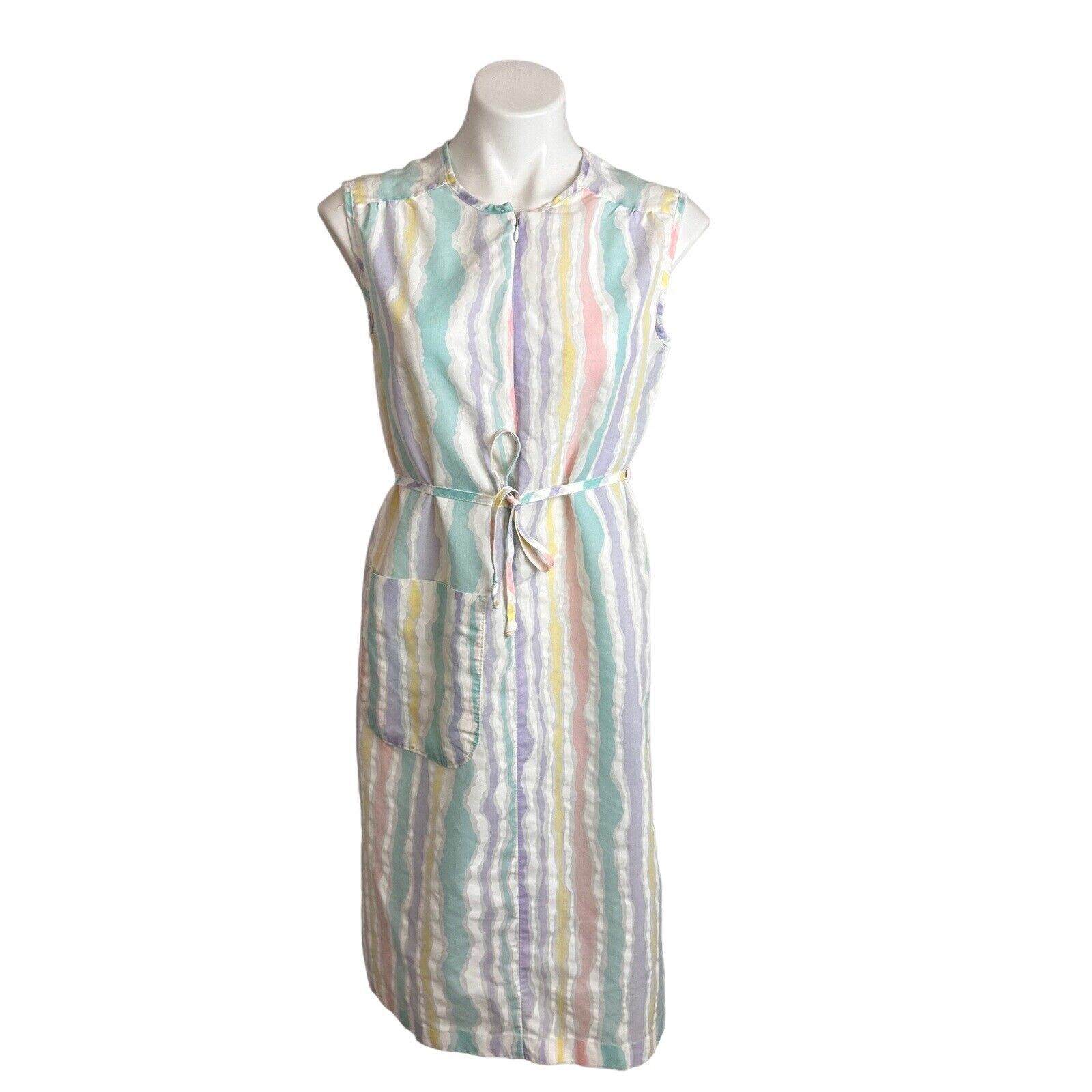 Smart Time House Coat Day Dress Multicolor Striped Half Zip Front Belt Vtg Sz S