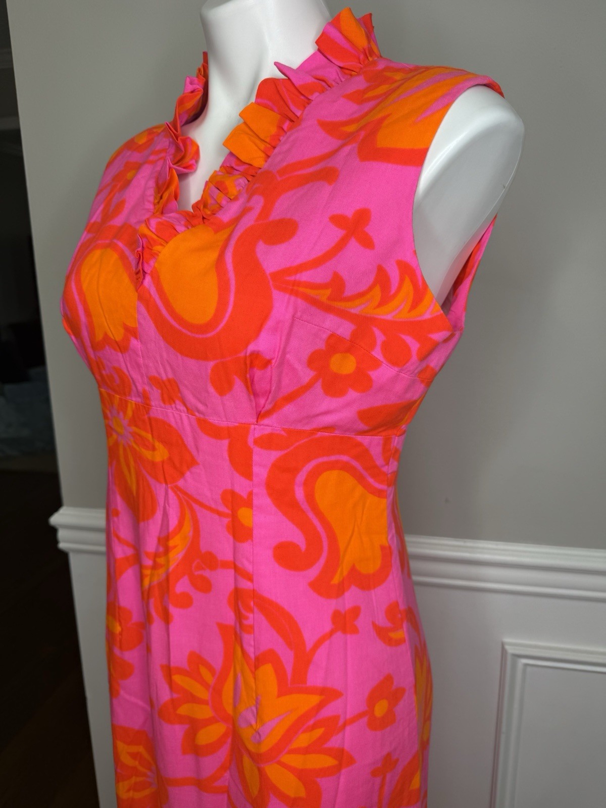 Vintage 4 60s 70s Hawaii M Psychedelic Floral Print maxi Dress Bright Pink N