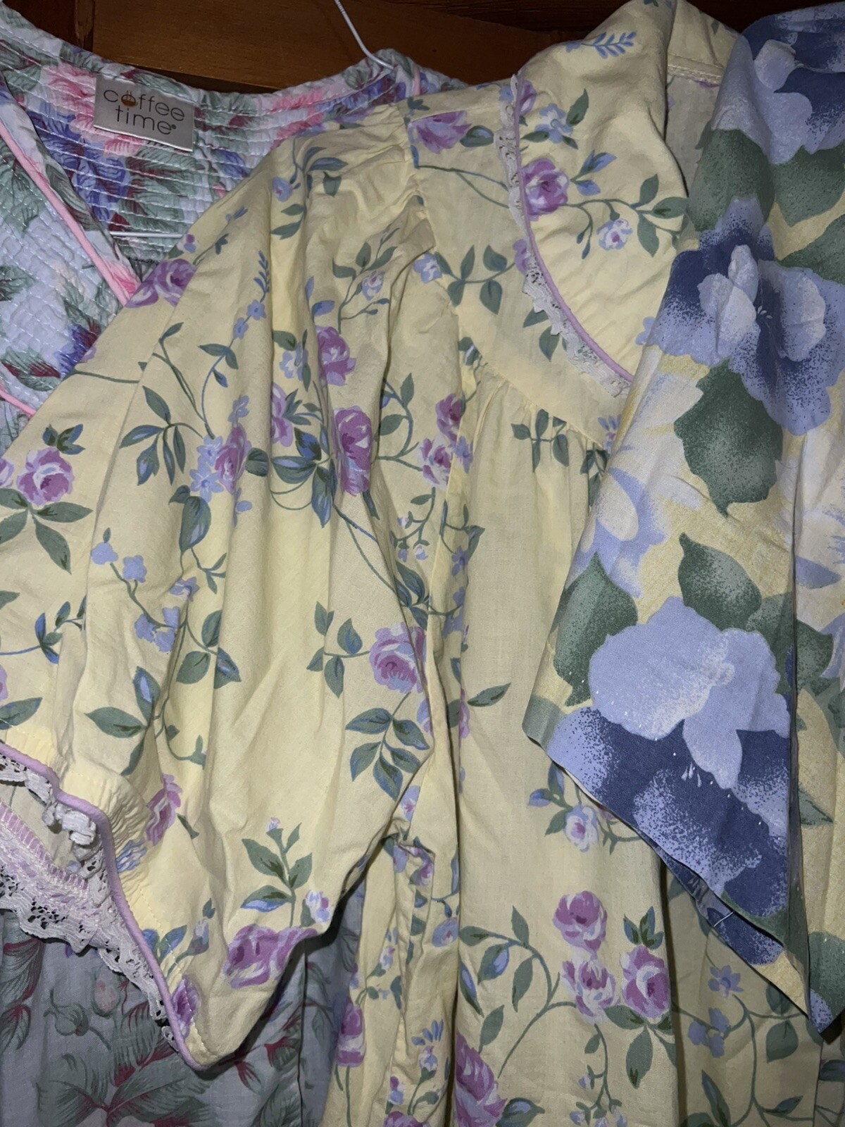 6/Coffee Time Designer Floral Ruffle Trim Muumuu House Dresses Vintage Fits M/L