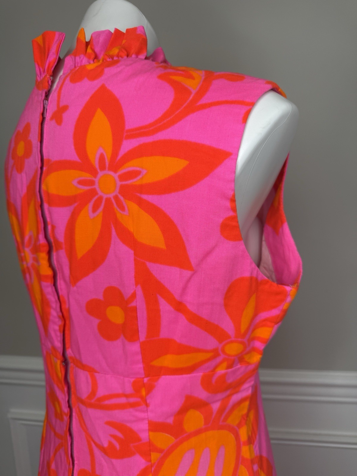 Vintage 4 60s 70s Hawaii M Psychedelic Floral Print maxi Dress Bright Pink N