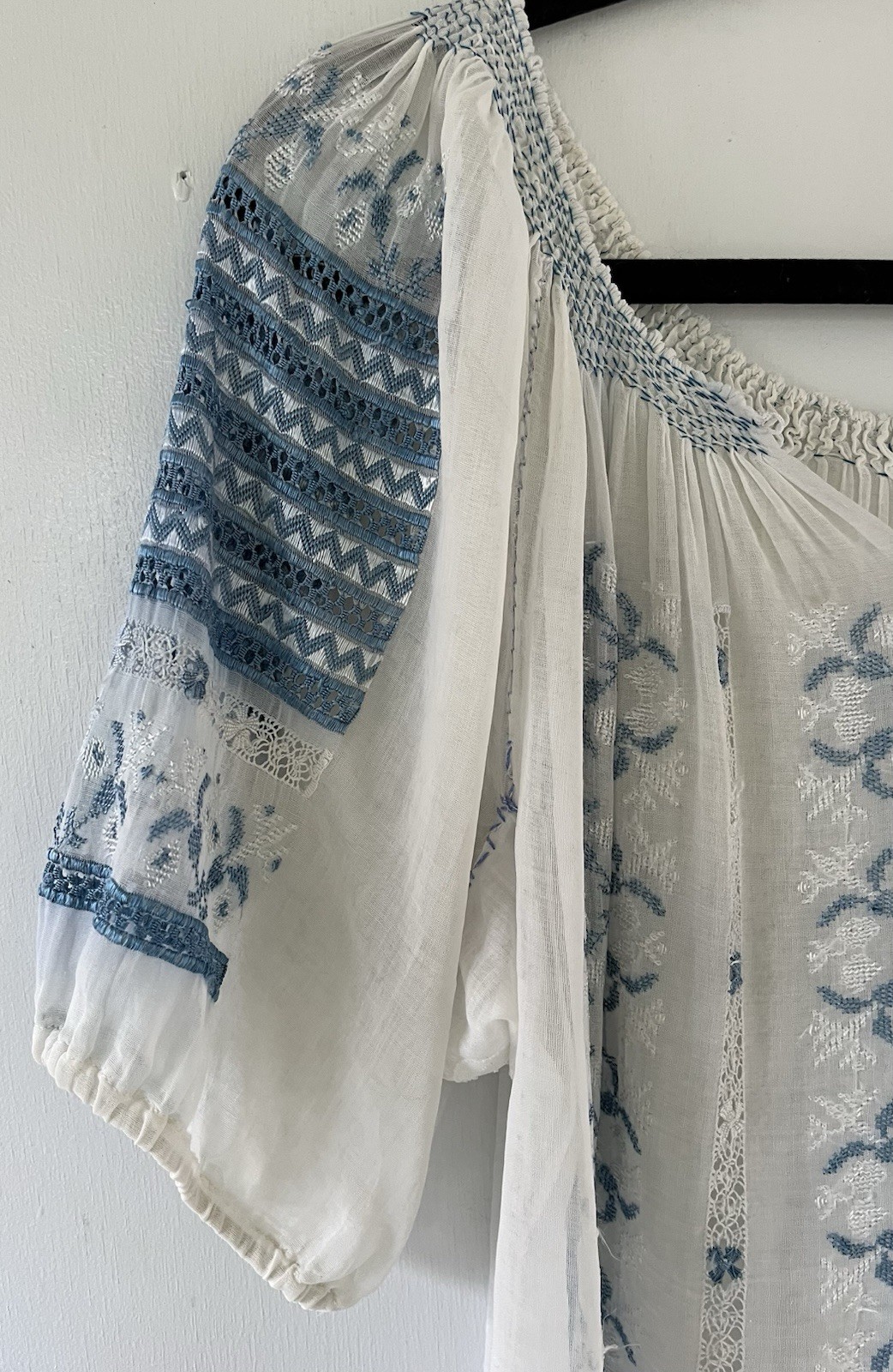 Vintage 1930s Art Deco Hand Embroidered Hungarian Sheer Cotton Peasant Blouse