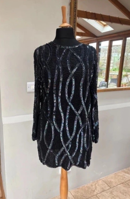 Vintage FRANK USHER Silk Sequin & Beadwork Black Mini Dress M 10-12
