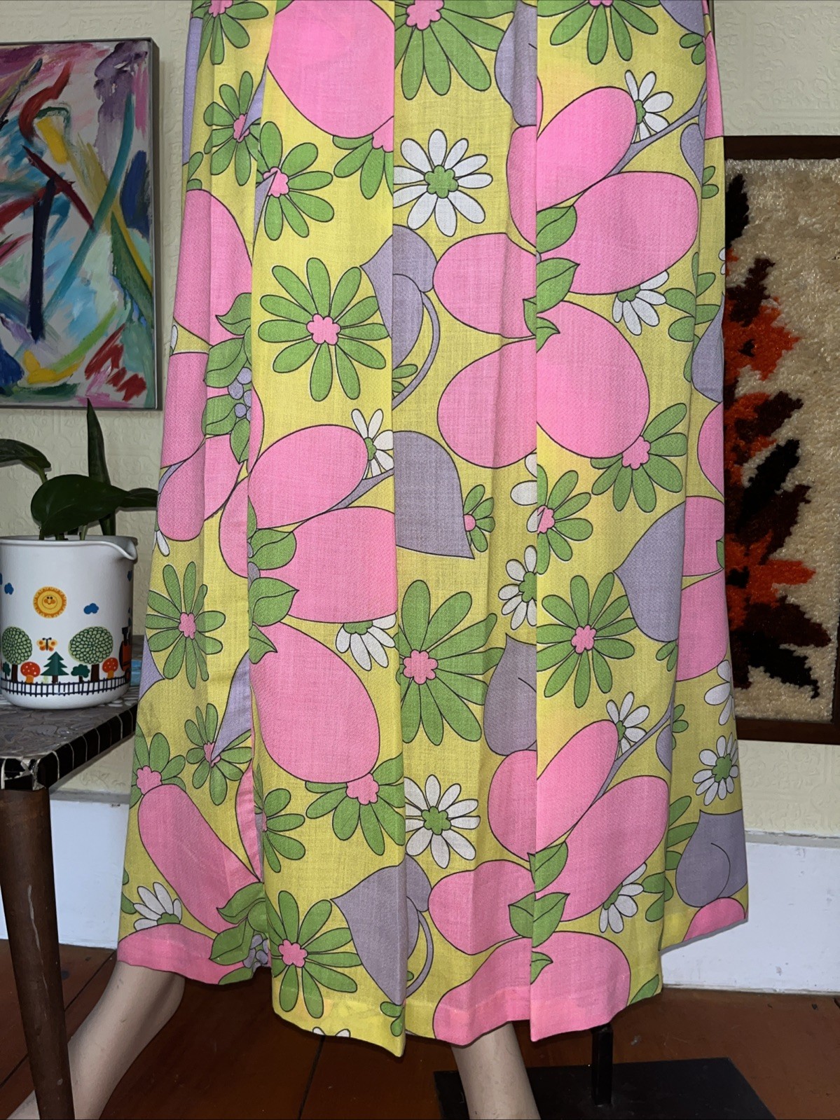 Vintage 60s 70s NOS psychedelic Mod Neon Floral Maxi Dress 2 Piece Head wrap