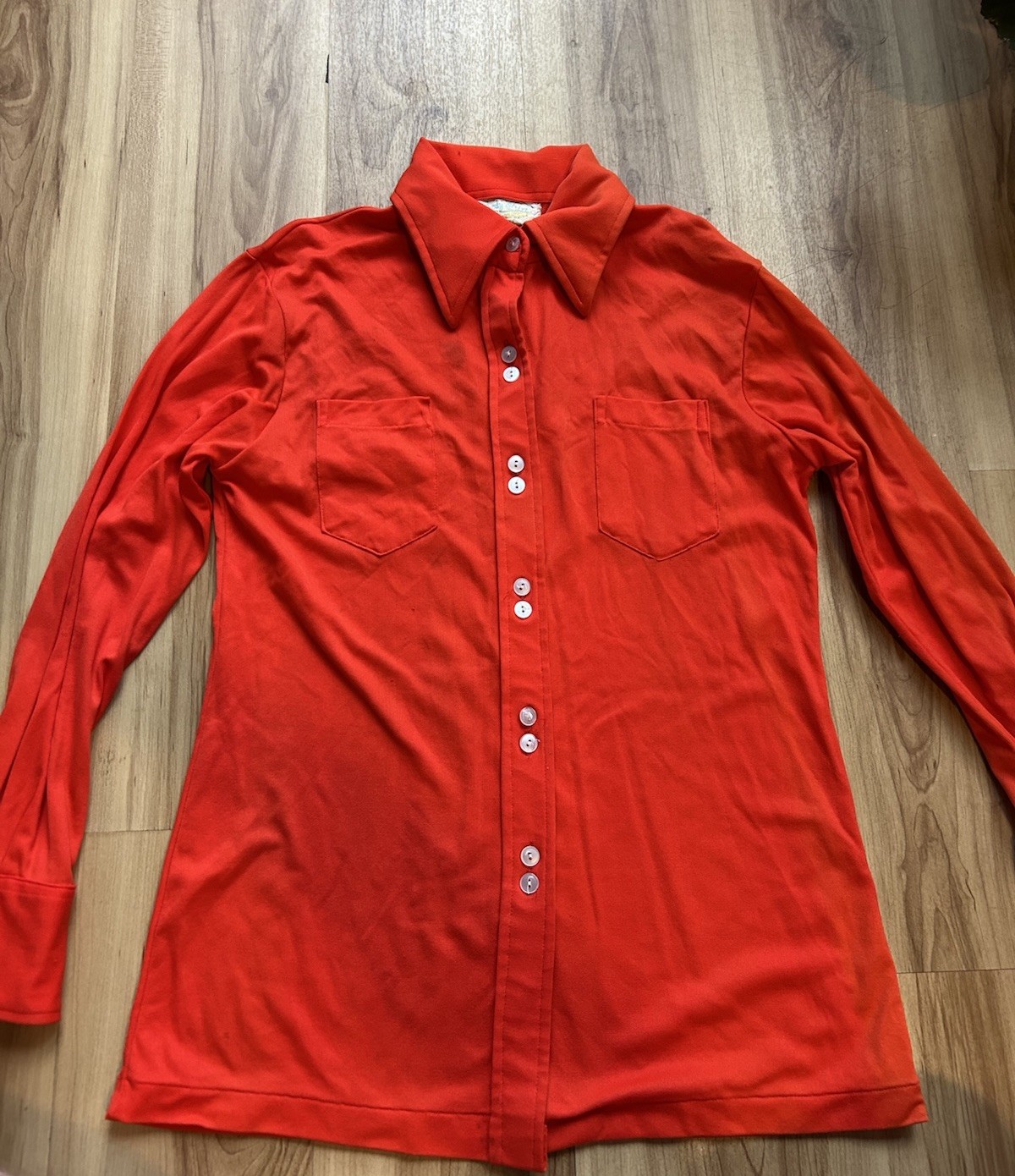 Vintage Women’s Body Shirt Button Down Red 60s 70s Long Sleeve Nylon Size S/3