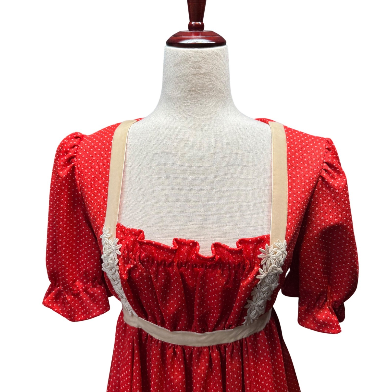 Vtg Handmade 70s? Maxi Babydoll Dress Red Polka Dot Prairie Regency M/L?