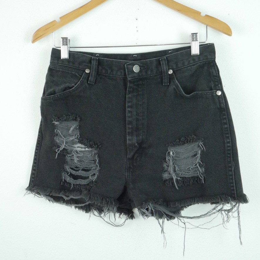 Vintage Wrangler Black Denim Cutoff Shorts Distressed Bareback Western 29&Prime; USA