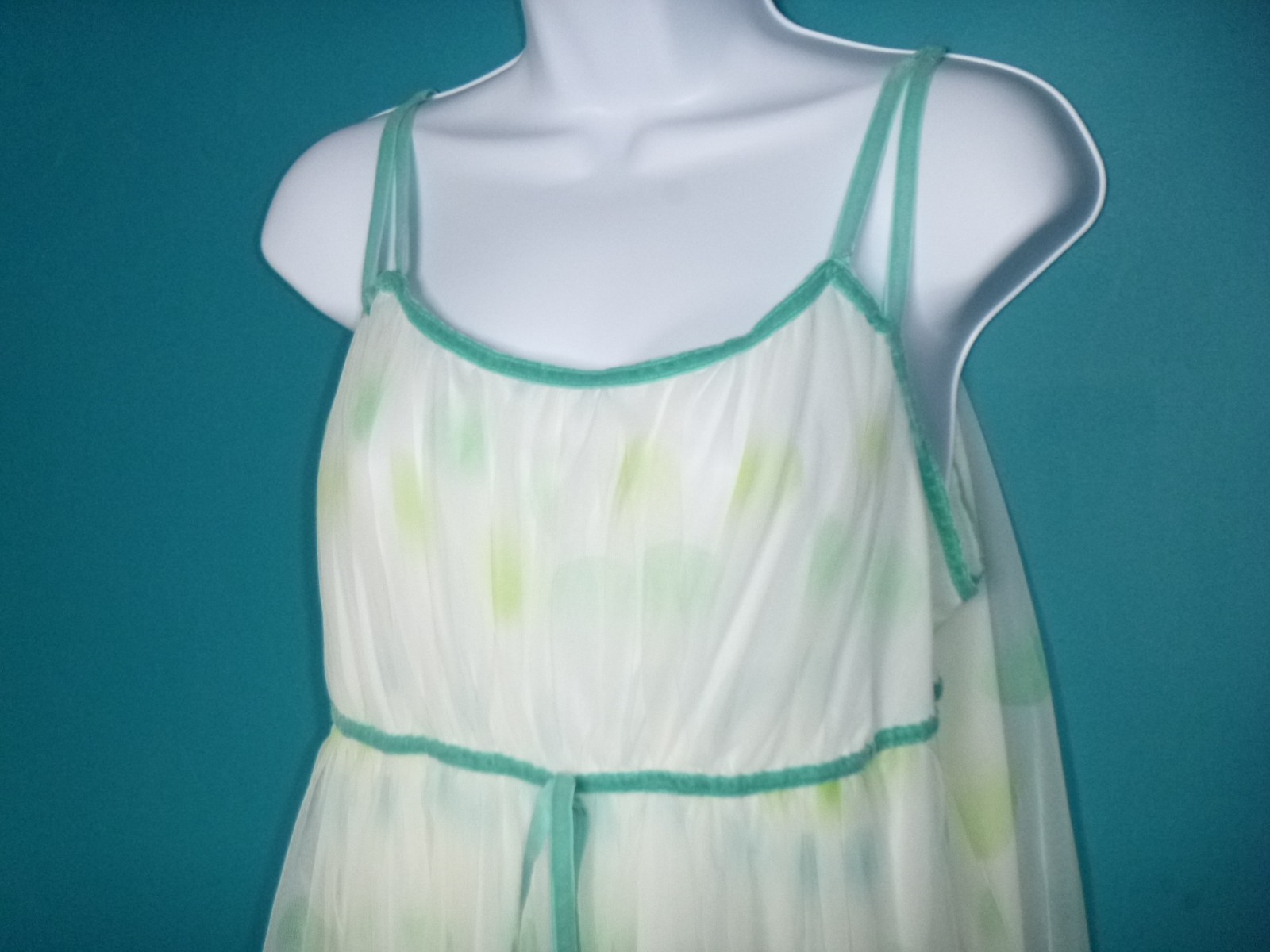 Vtg 50s Charmode Double Layer Chiffon Nylon Nightgown White Green Blue Dots S/M