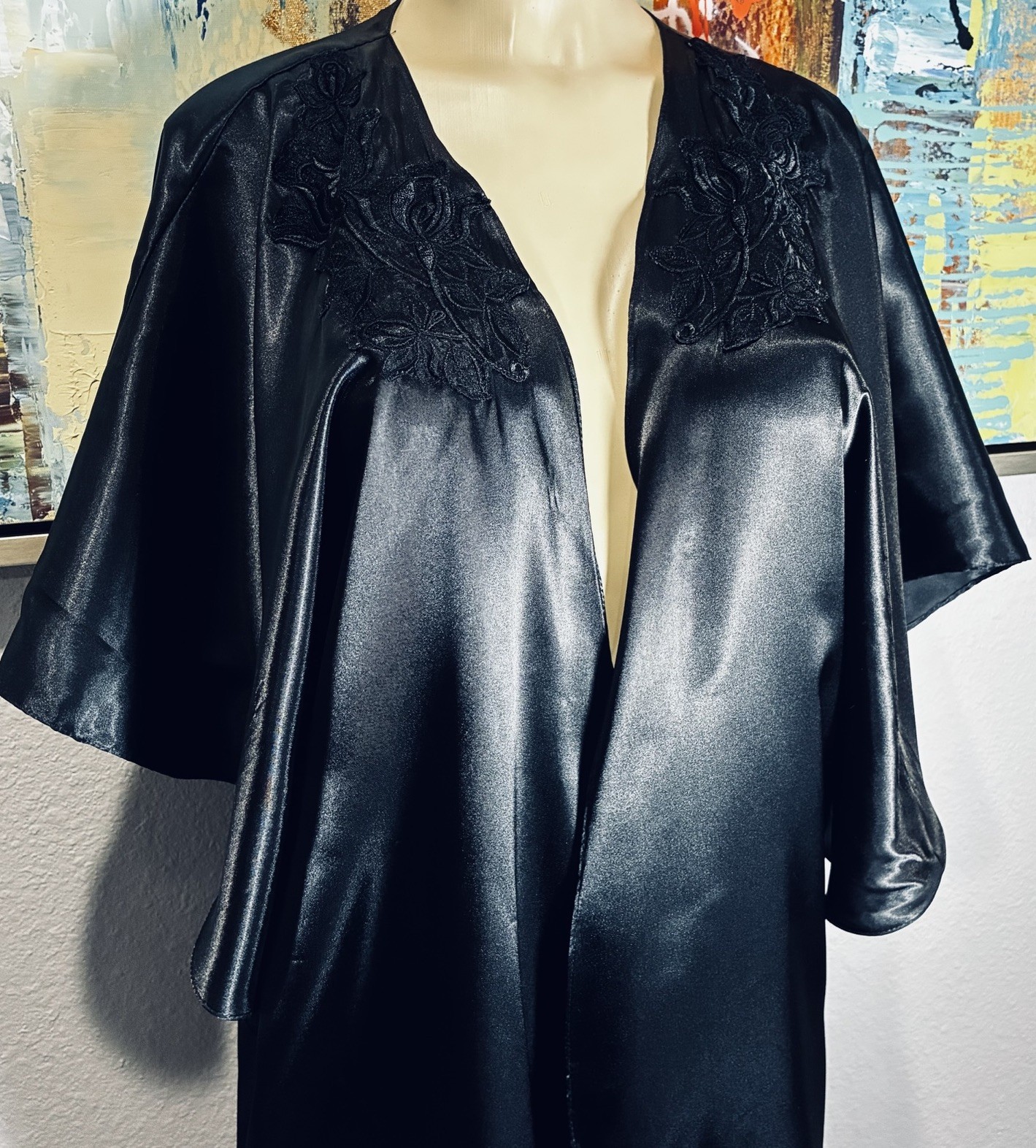 Vintage Black Satin Batwing Cape Jacket Robe M