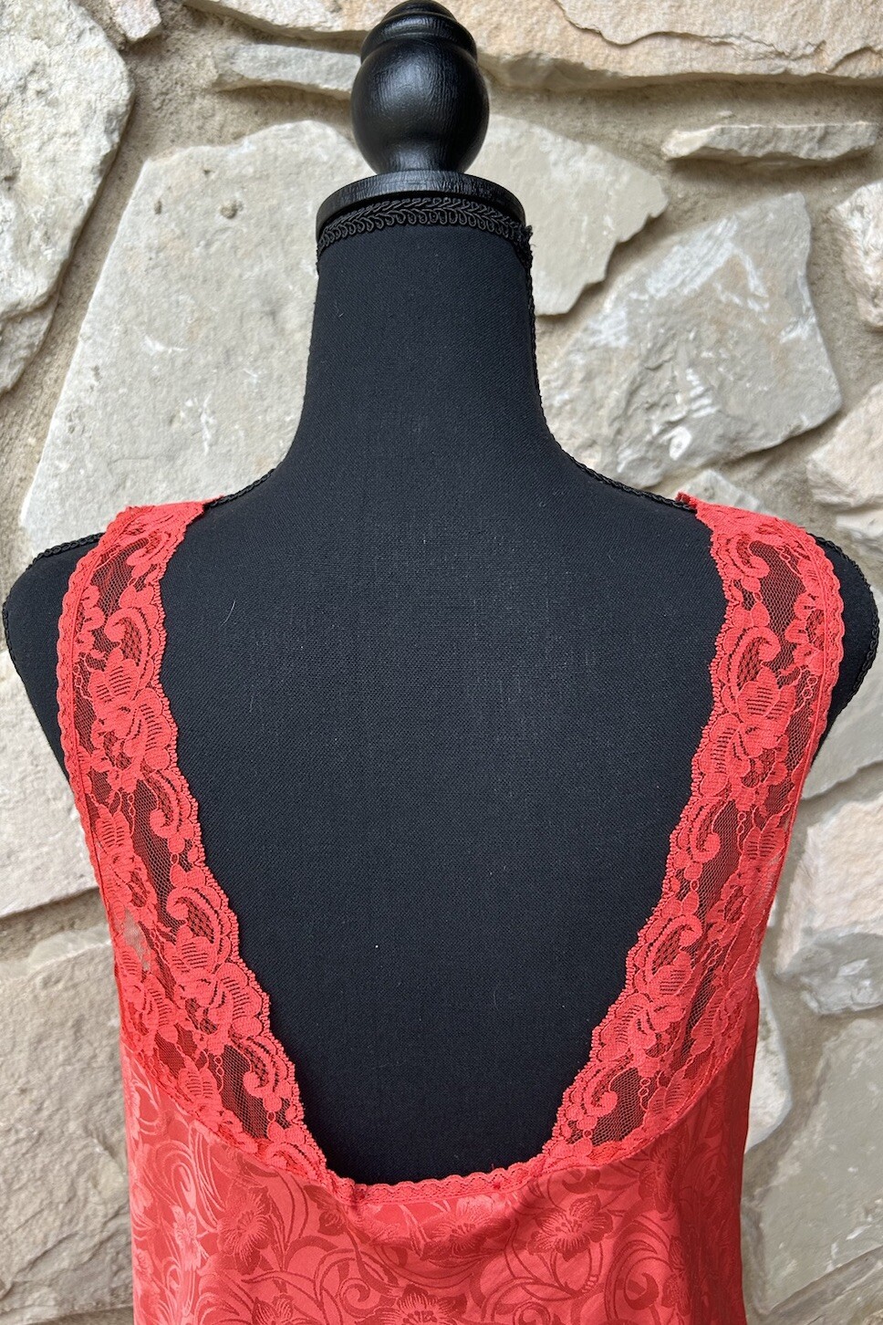 Vintage Val Mode Nightgown Medium Red Liquid Satin Lace Excellent Condition