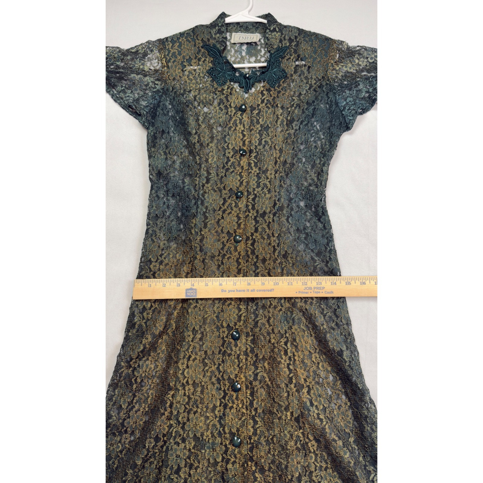 DBY Ltd VTG Y2K Green Gold Iridescent Lace Maxi Dress Button Front Sheer Duster