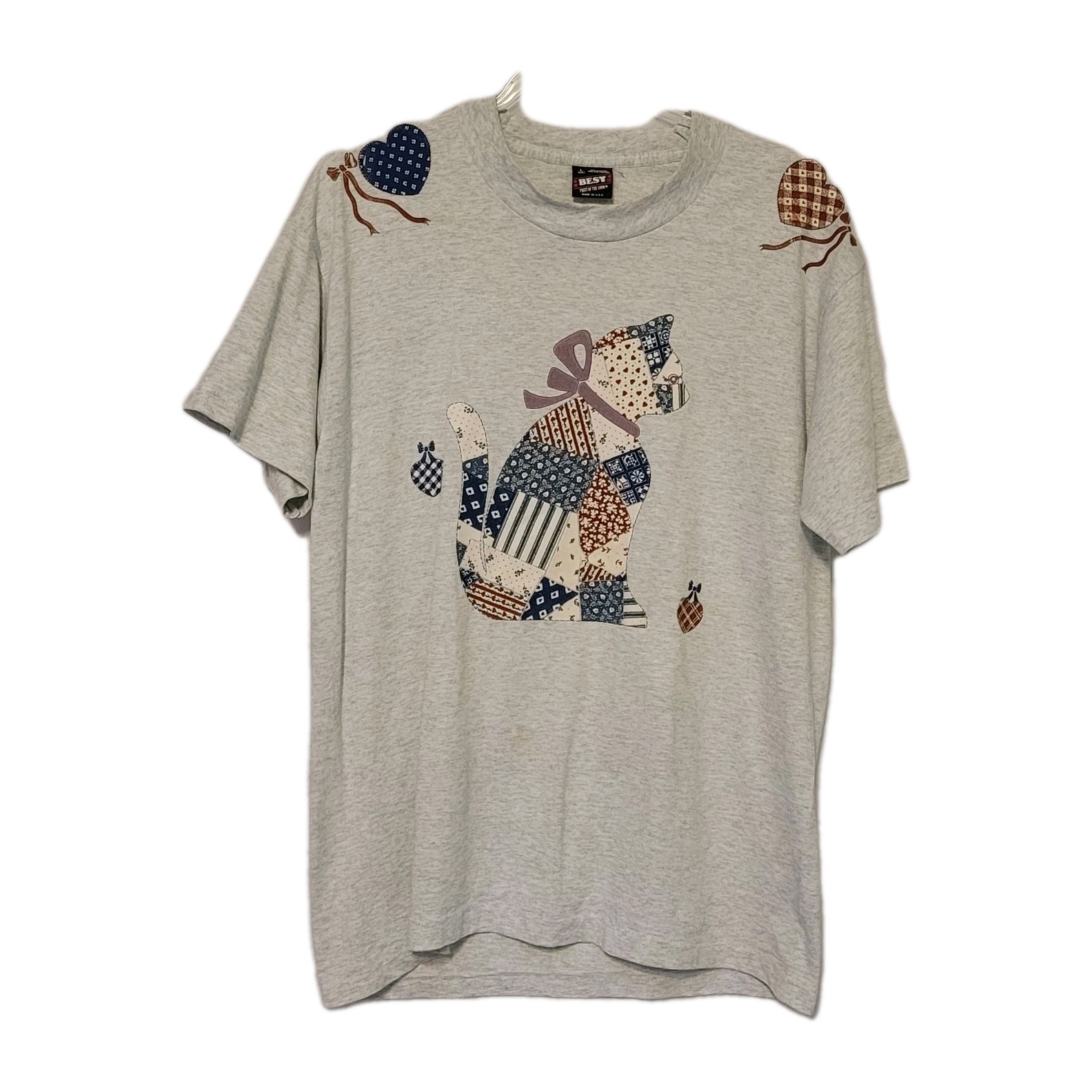 VTG 90s Patchwork Cat Homemade T Shirt Adult Large Gray Short Sleeve Grandma