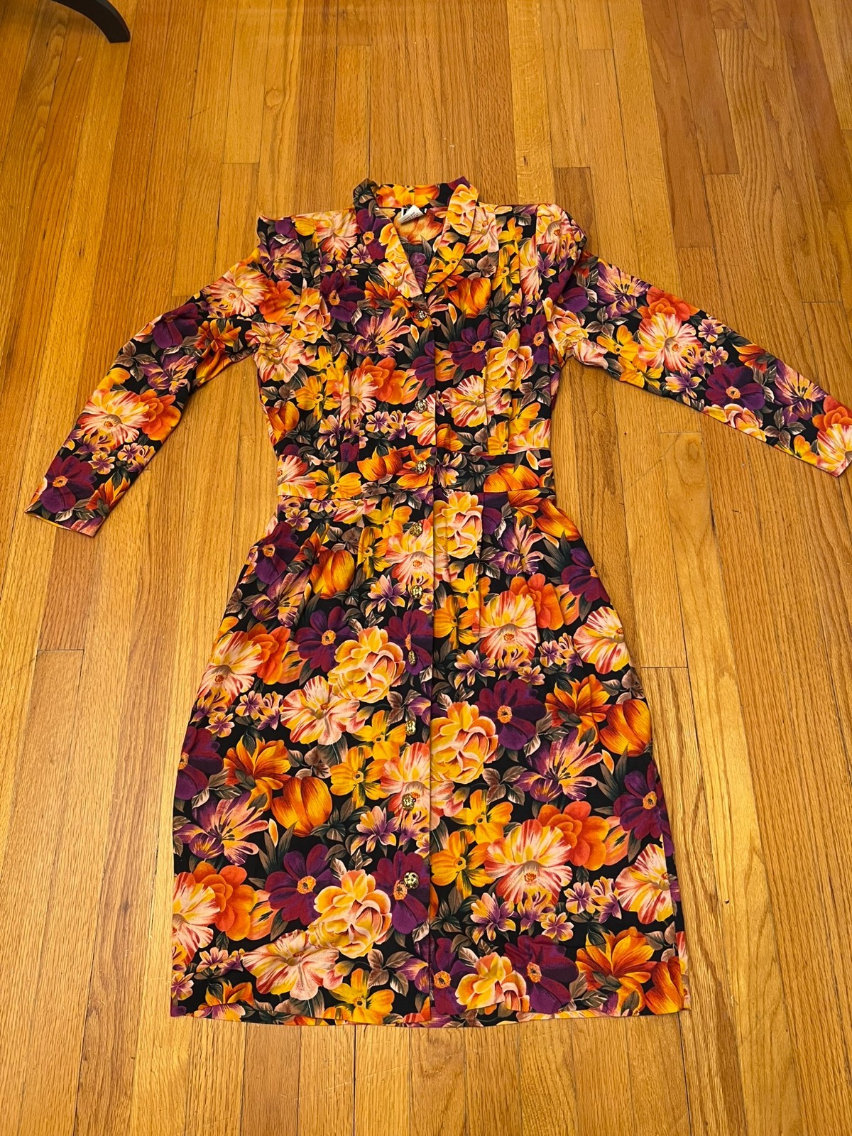 Vintage Special Effects Orange Floral Long Sleeve Dress Size 10, fits M or 6-8