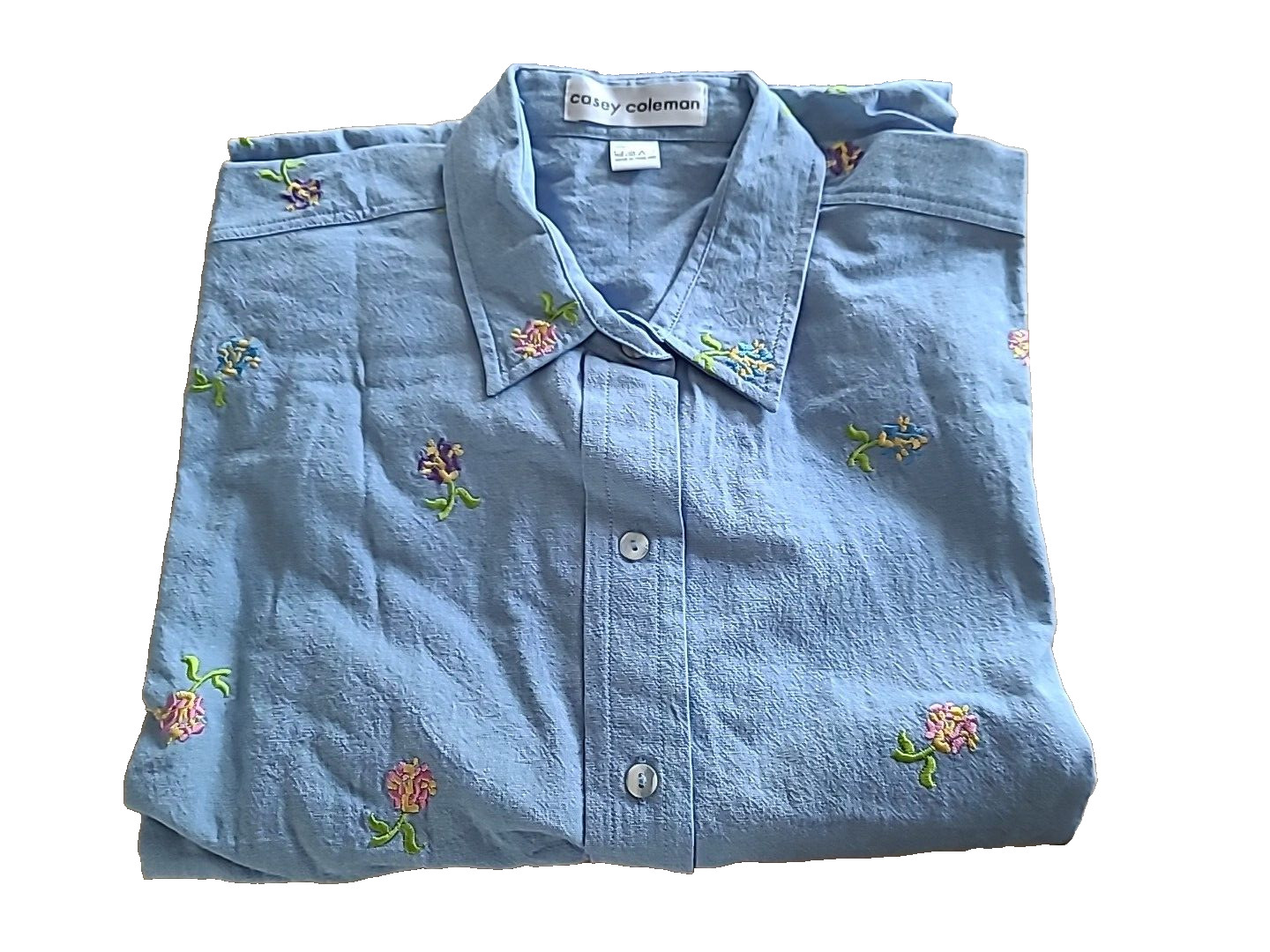 Vtg Casey Coleman Ladies Chambray Shirt L XL Embroidery Cottagecore Mom Floral