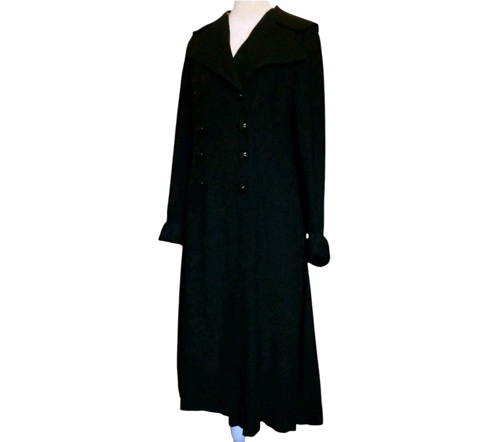 VTG 70s Elegant Boho Black Acetate Fit To Flare Doublebreasted Trench Coat M