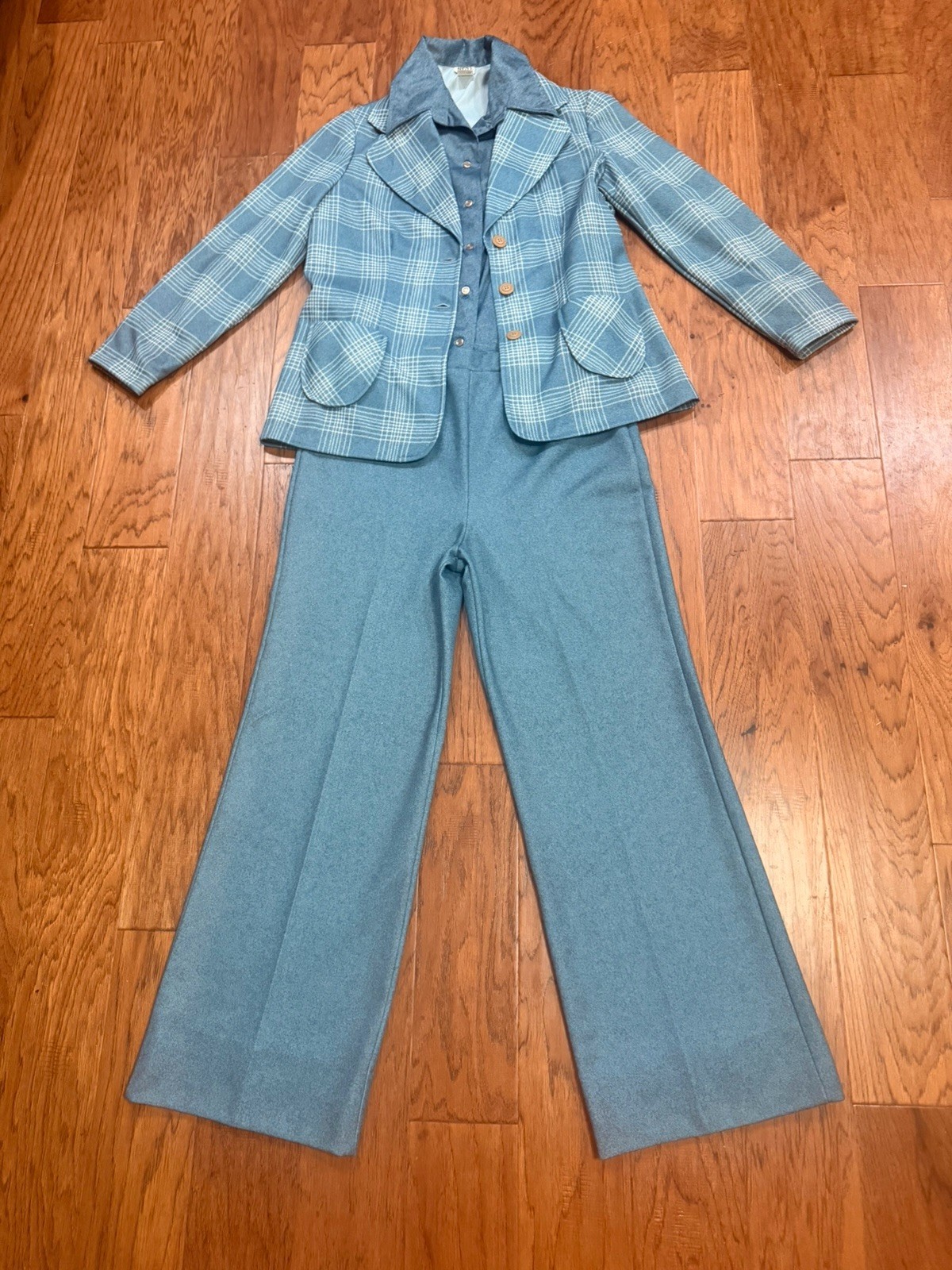 Vintage 1970s 3 Piece Leisure Suit Womens Knit Blue Denim-look Plaid Large 10-12