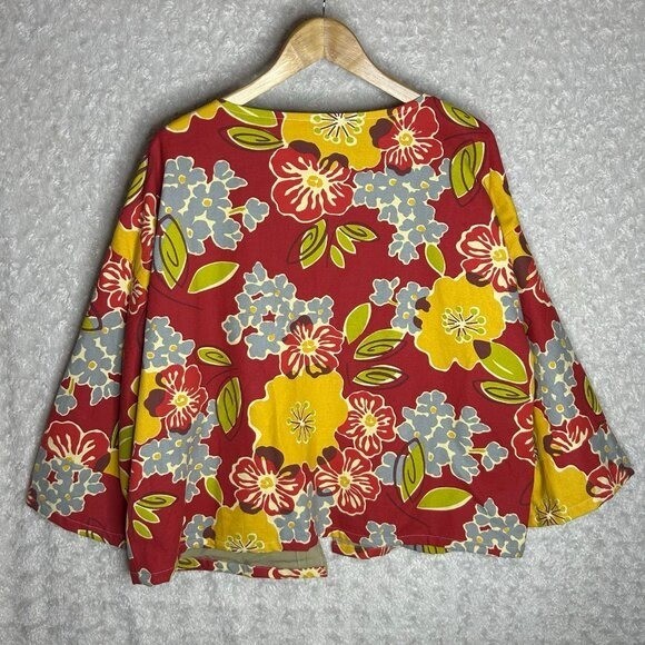 Handmade Floral Open Front Boxy Jacket Red Yellow Green Wide Sleeve Boho Top