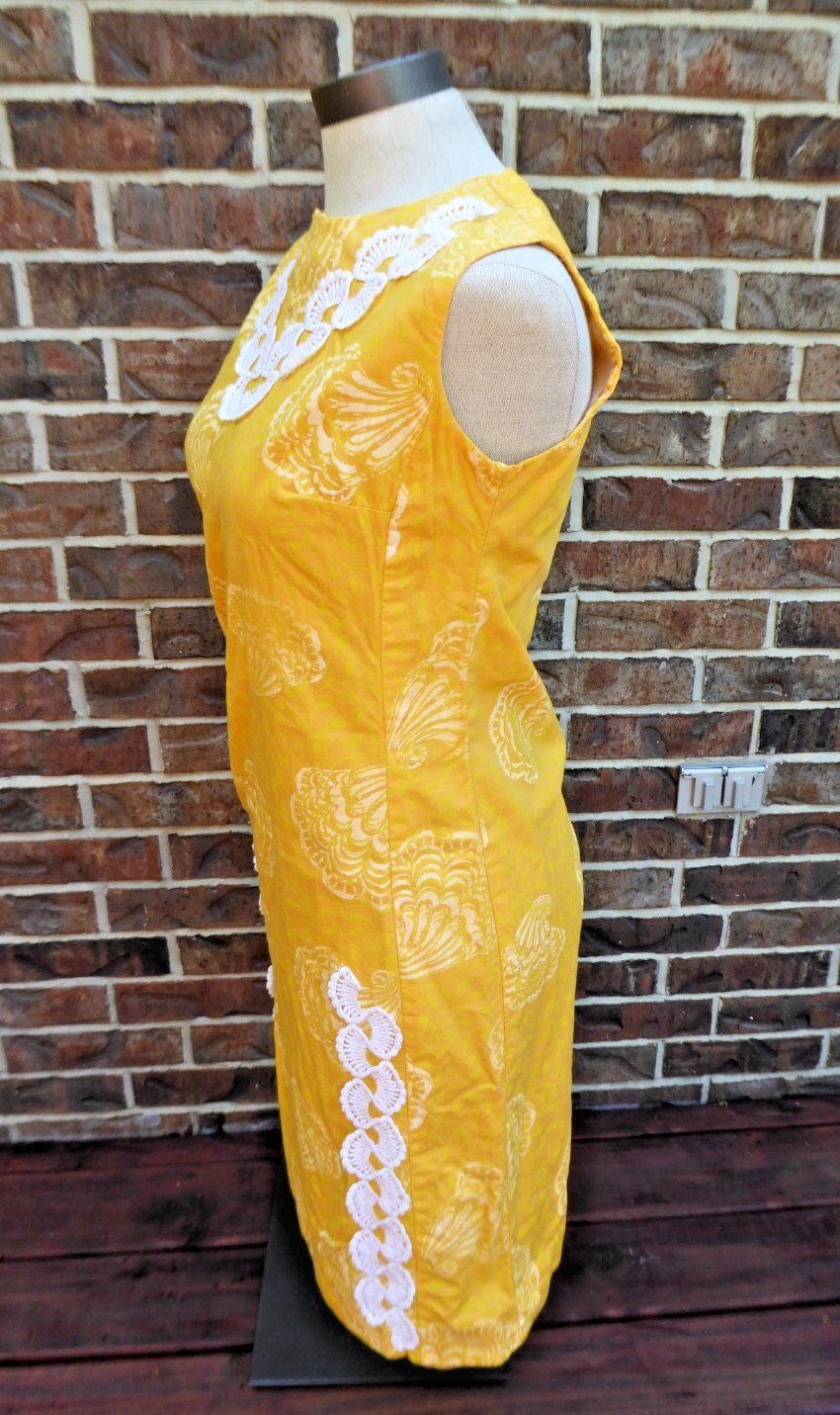 VTG 60s Flutterbye Mod Shift Dress Yellow Pique Shell Lace Summer Resort Sun S