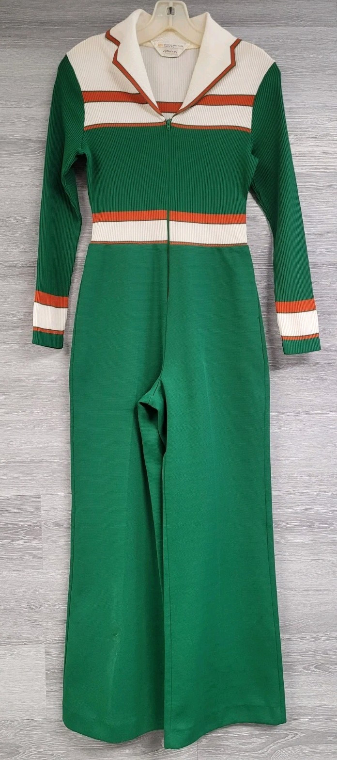 WOMENS VINTAGE 70s JUMPSUIT JCPENNEY STRIPED LONG SLEEVE POLYKNIT DISCO SIZE XS