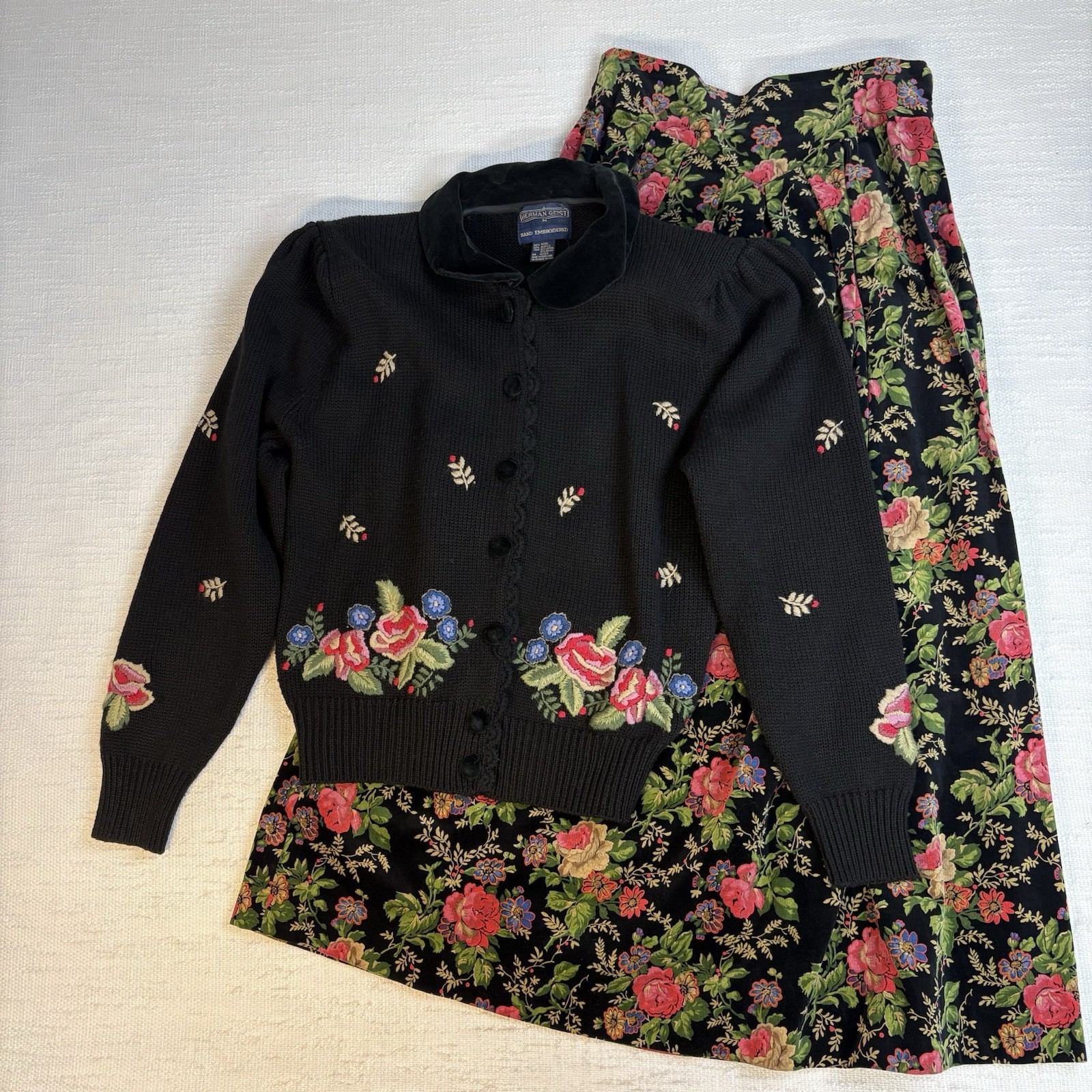 Vintage Herman Geist Hand Embroidered Cardigan & Velveteen Floral Skirt Set M